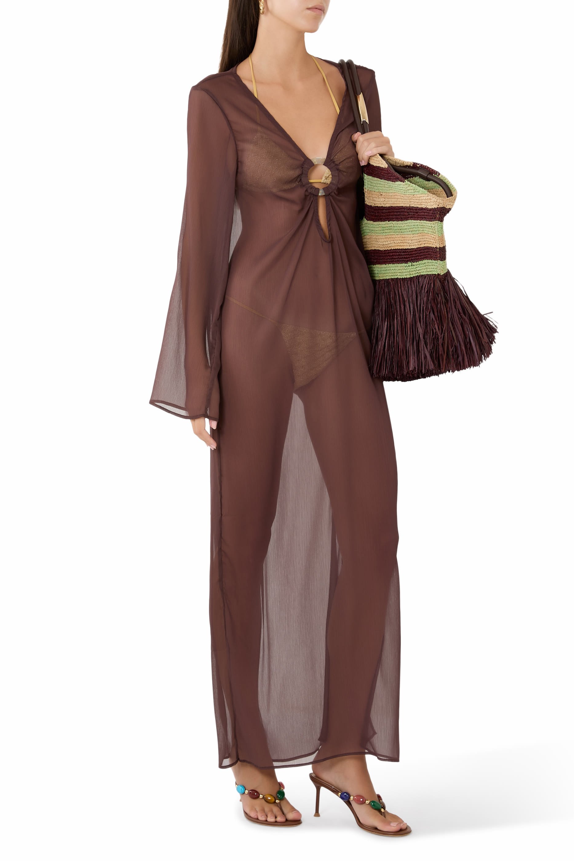 فستان موون طويل شفاف بأكمام طويلة