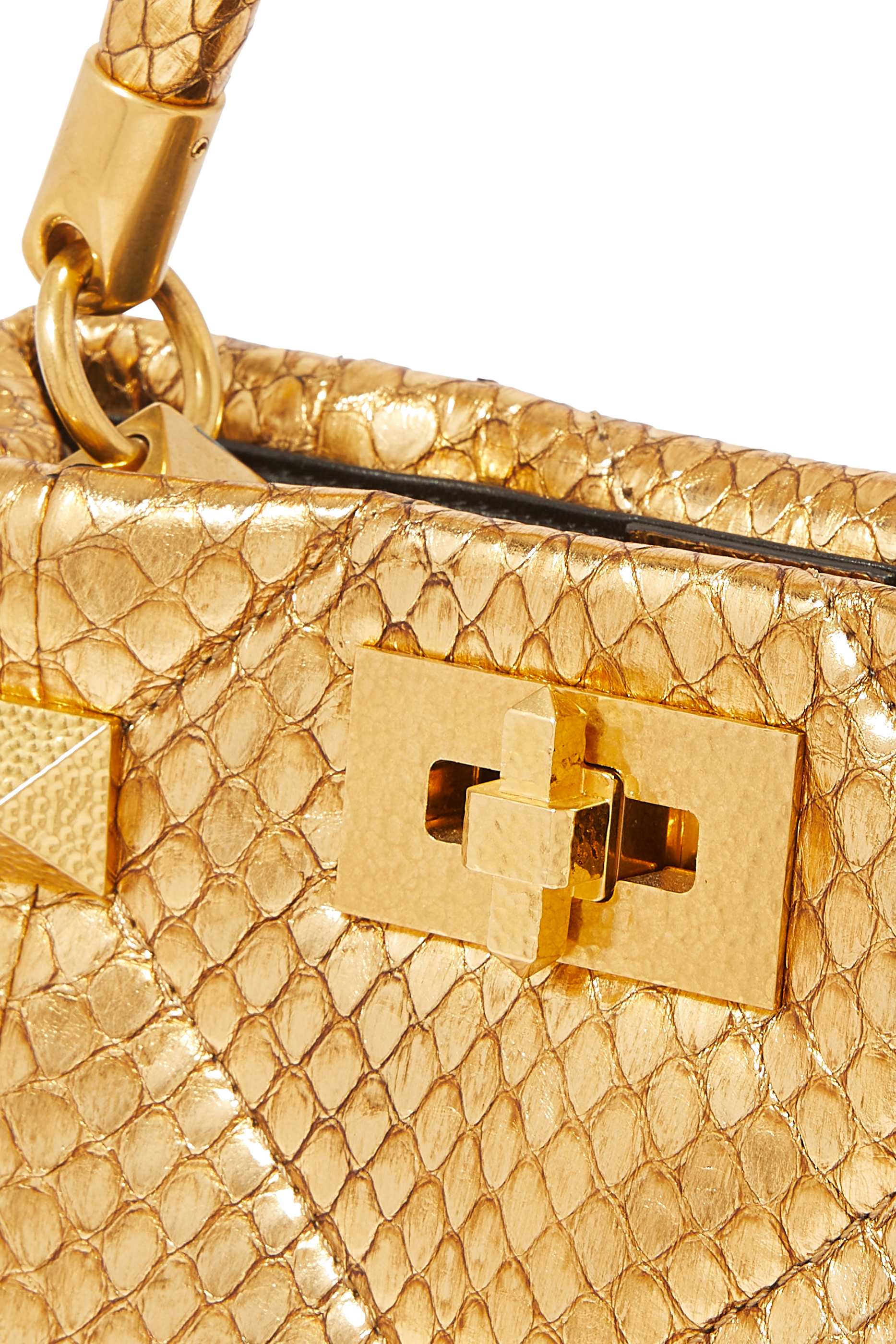 حقيبة فالنتينو غارافاني صغيرة جلد أفعى لامع بيد علوية وحلي هرمية