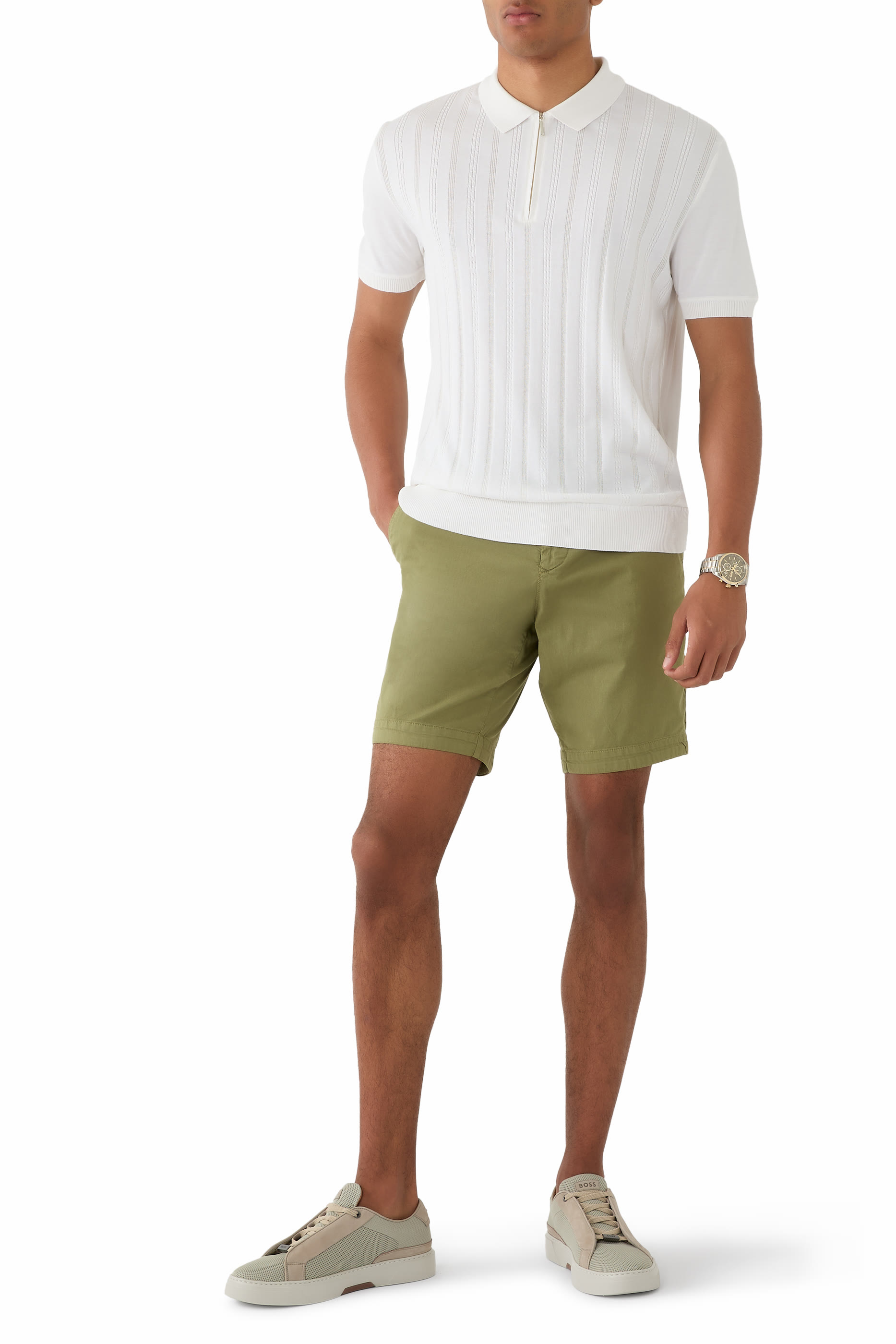 قميص بولو منسوج بتصميم كابل في الأمام قطن وحرير