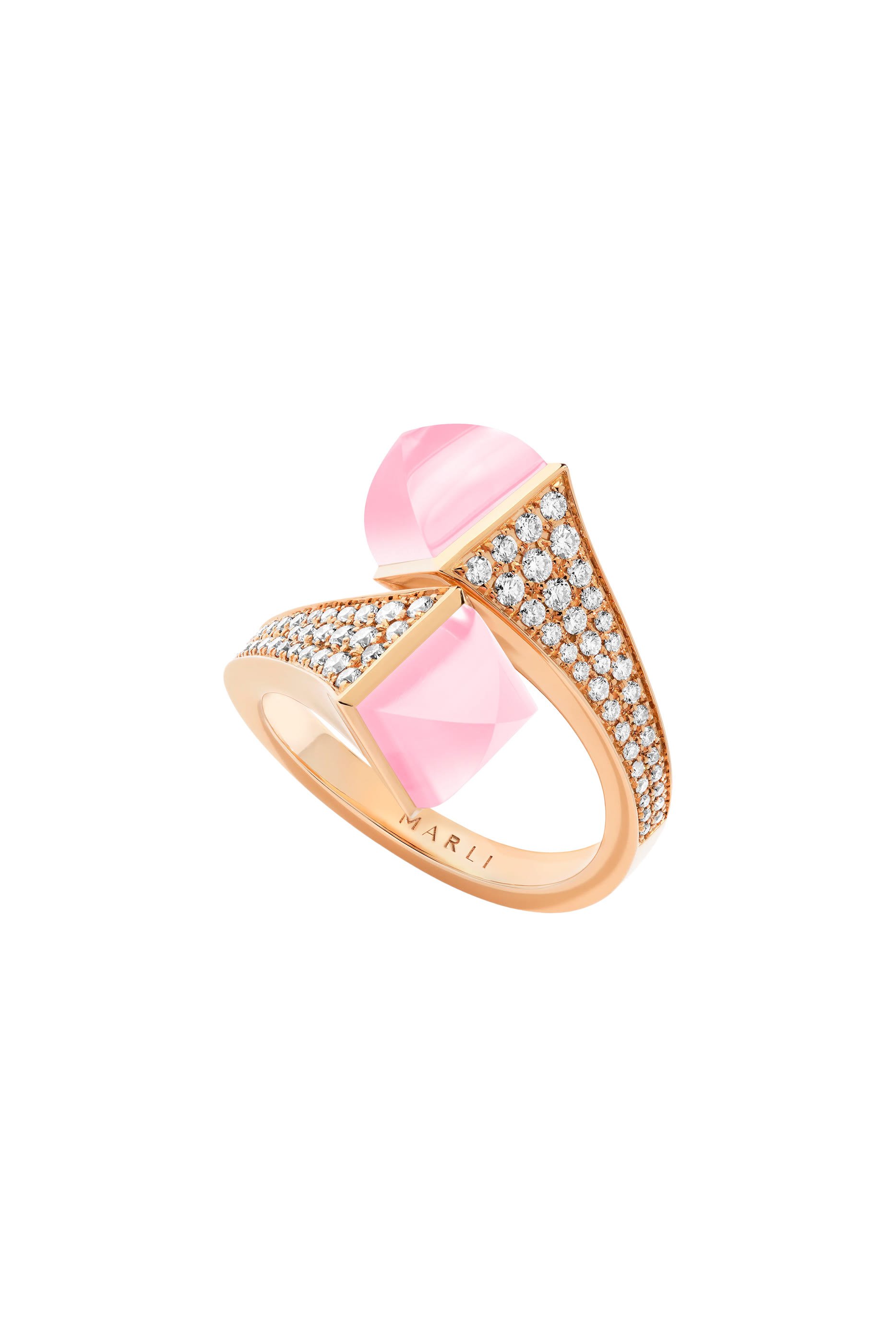 خاتم كليو مرصع بماس وكوارتز وردي، ذهب وردي عيار 18