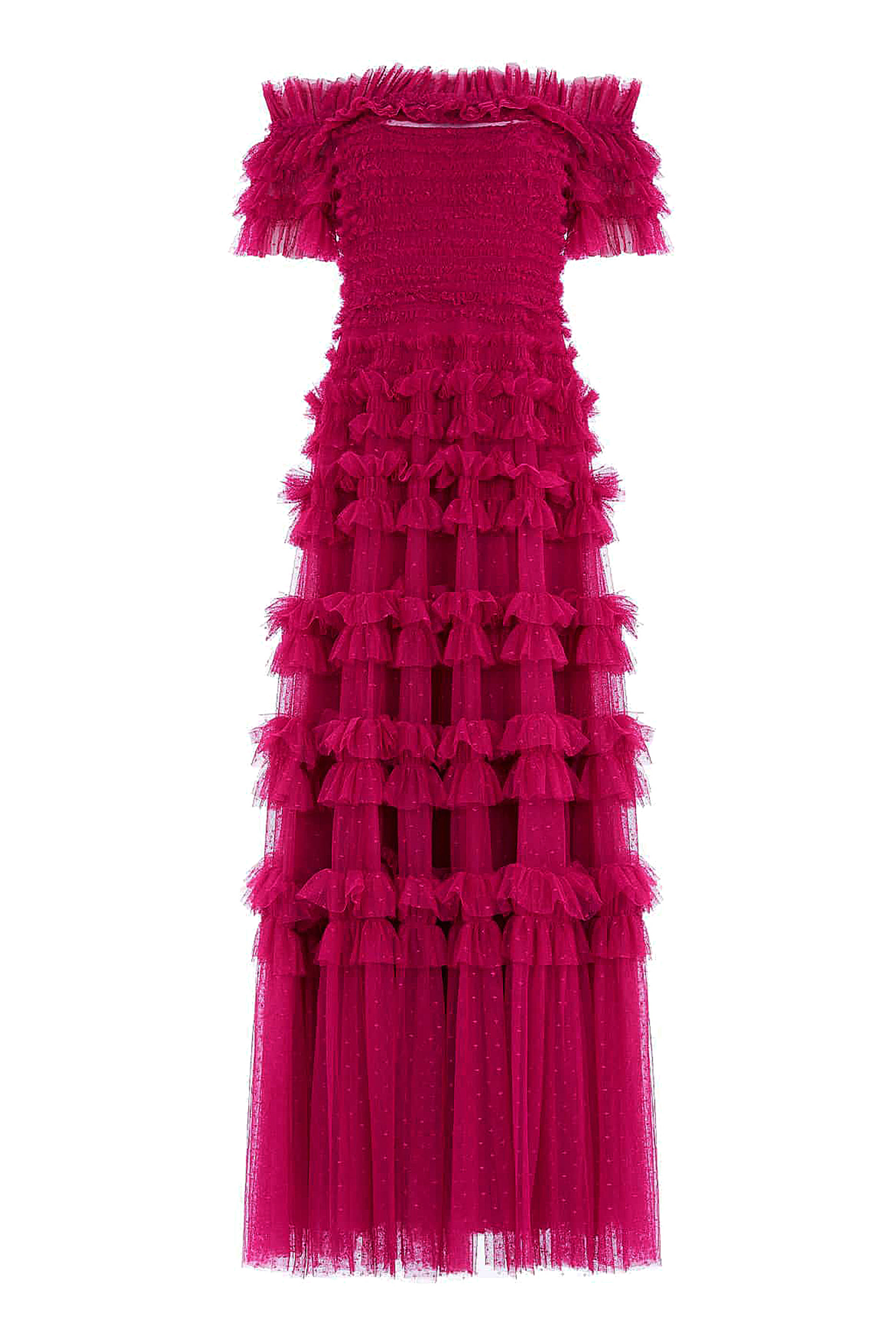 فستان سهرة ليزيت بأكتاف مكشوفة كشكش