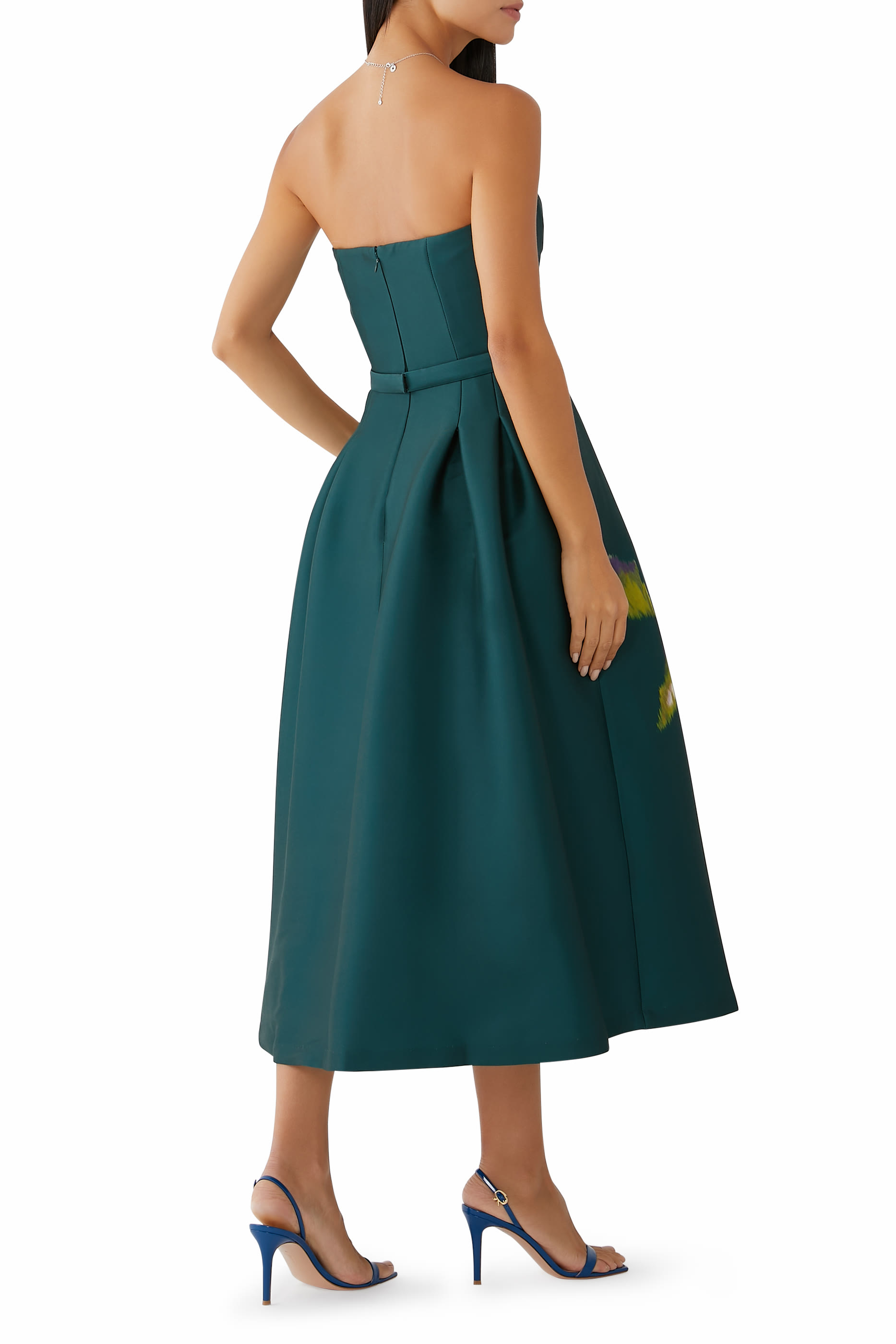 فستان شاي بنقشة إيكات بلون أخضر غامق