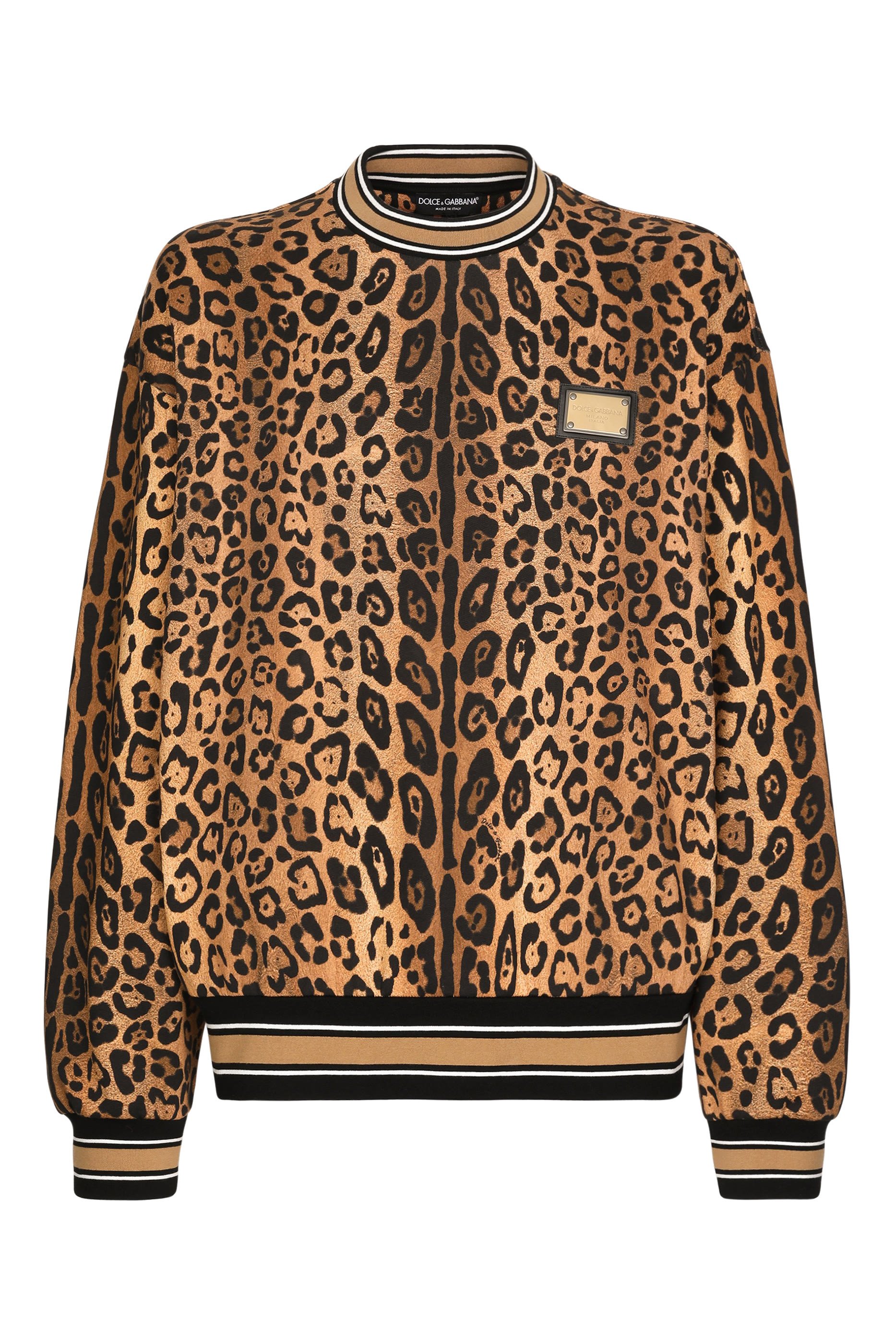 سويت شيرت بياقة مستديرة ونقشة جلد الفهد وشارة قماش كريسبو