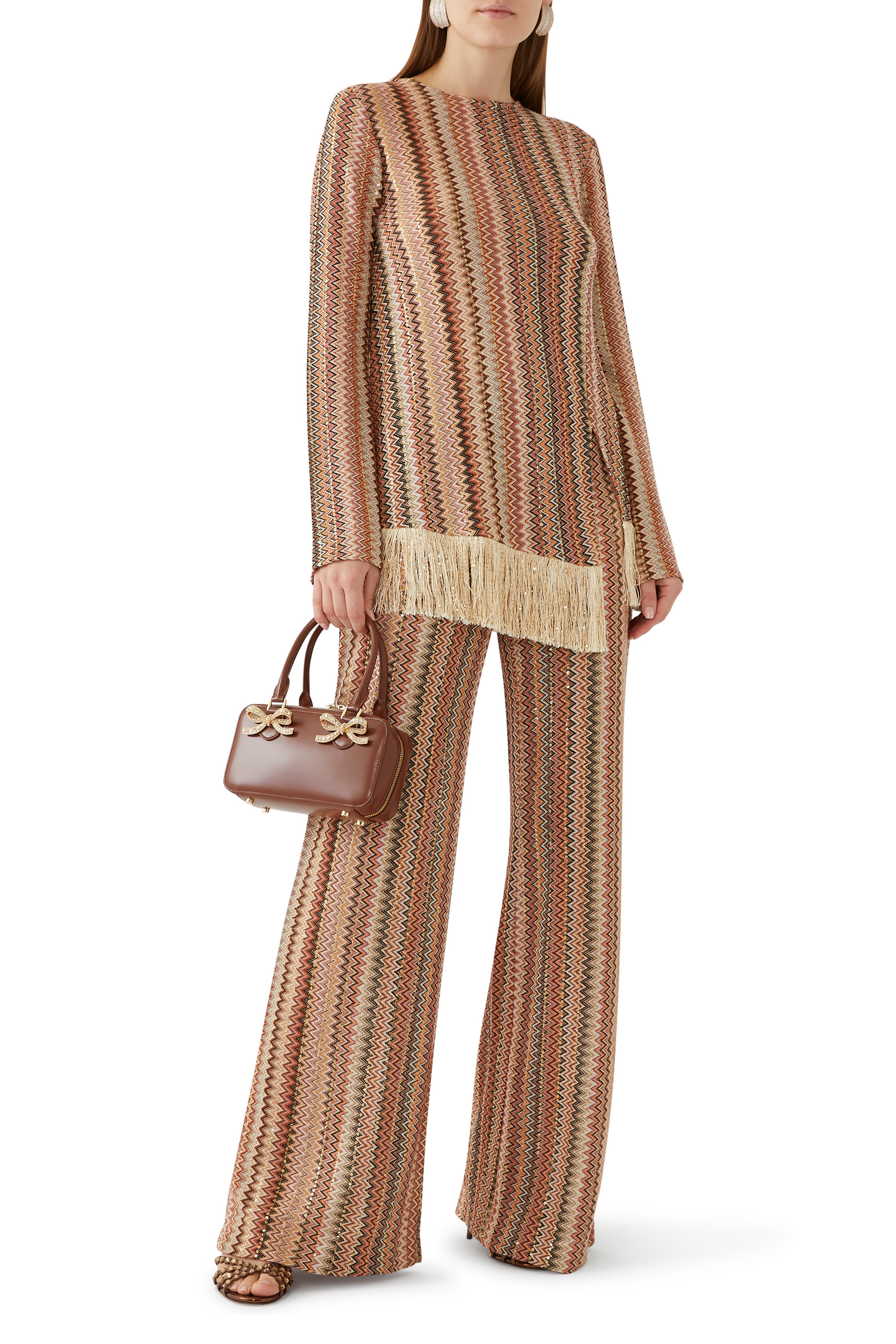 بنطال بقصة ساق واسعة بنقشة خطوط متعرجة مزين بترتر راشيل