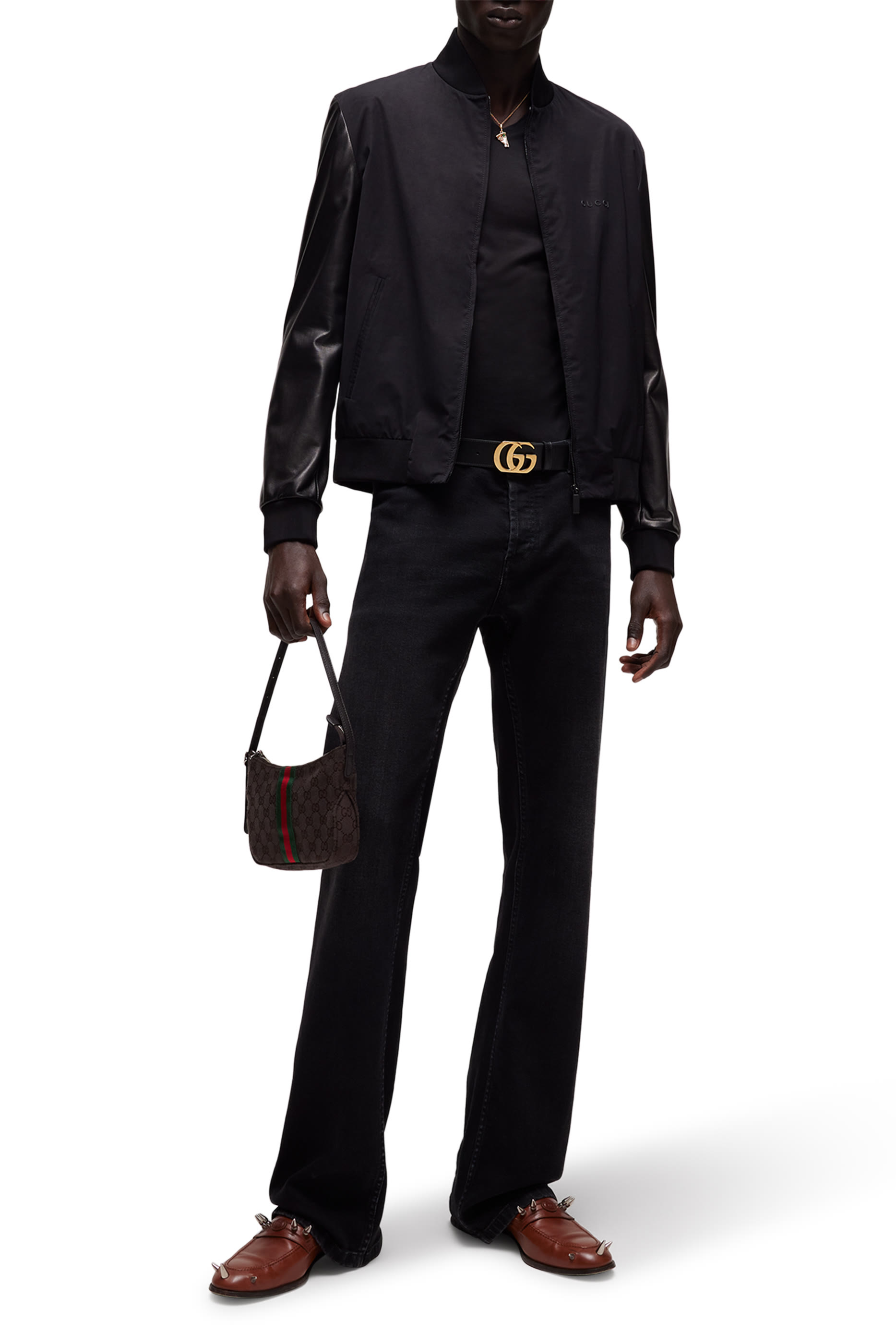  جاكيت بومبر قماش بأكمام جلد نابا