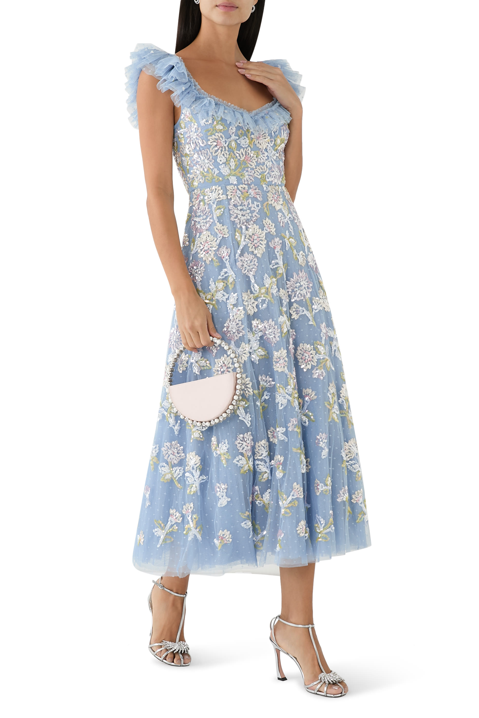 فستان باليرينا بكشكش ونقشة زهور الهندباء مطرزة بالترتر