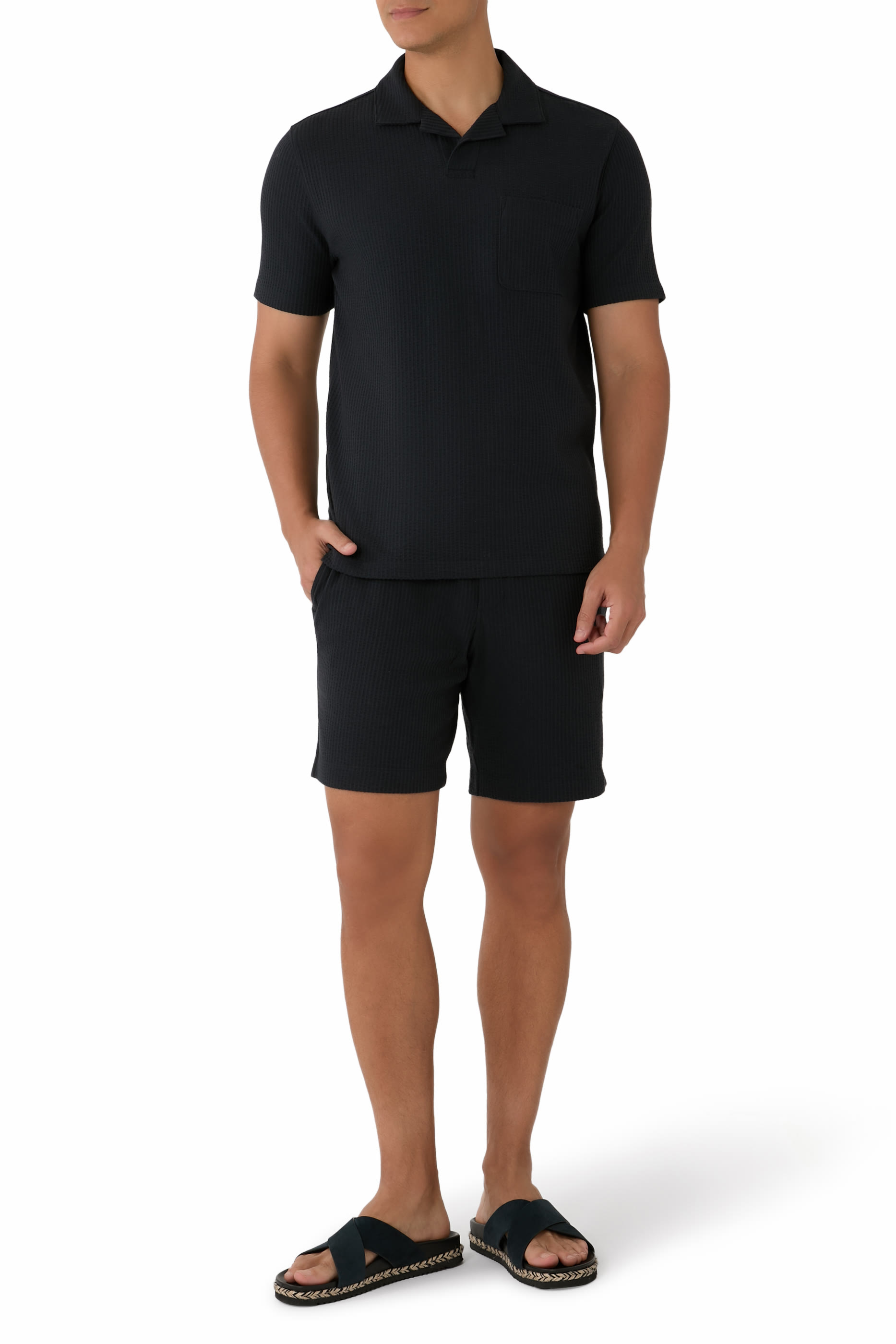 قميص بياقة جوني نسيج قطن مطاطي سيرساكر