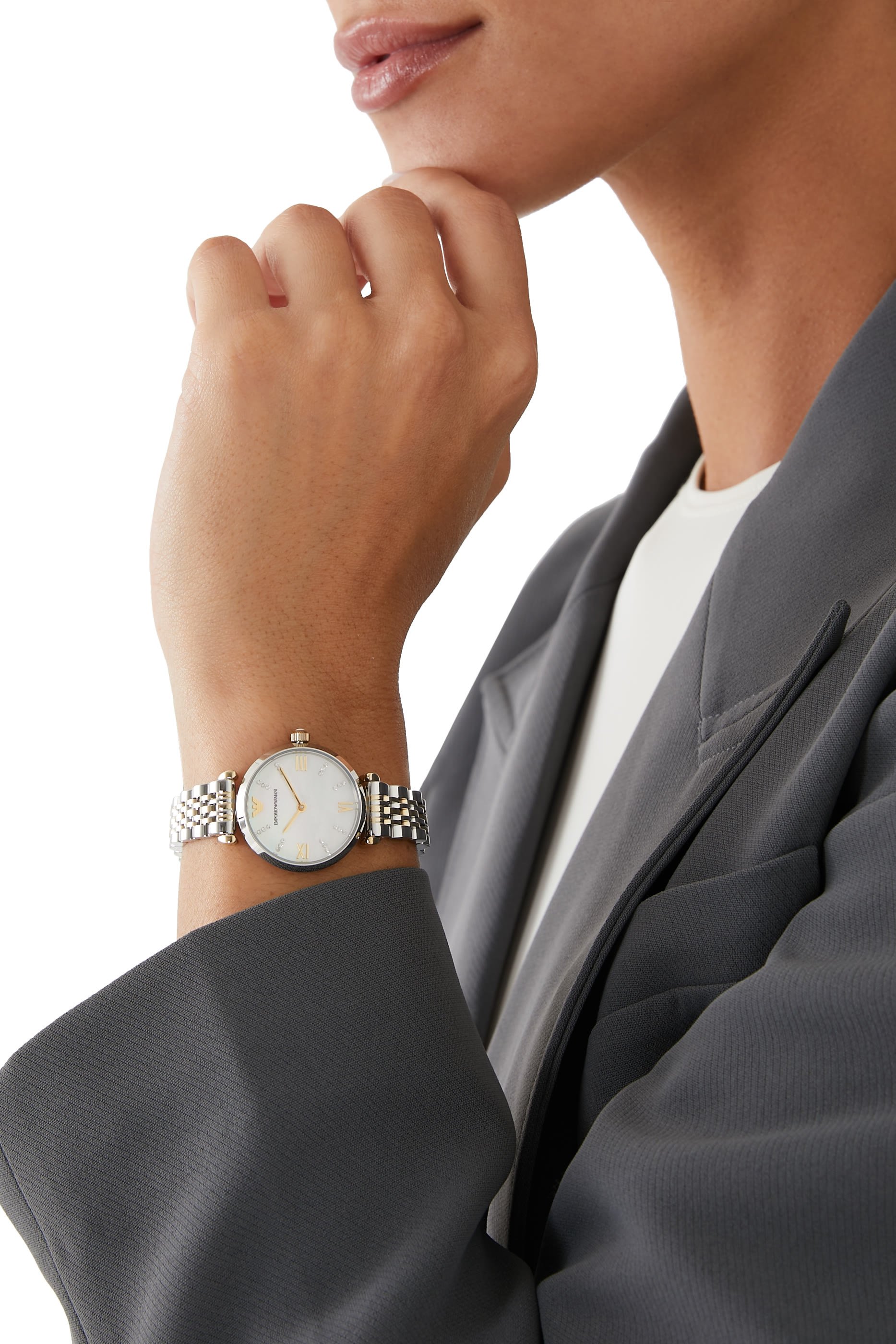 طقم سوار وساعة ثنائي اللون بعقربين ستانلس ستيل