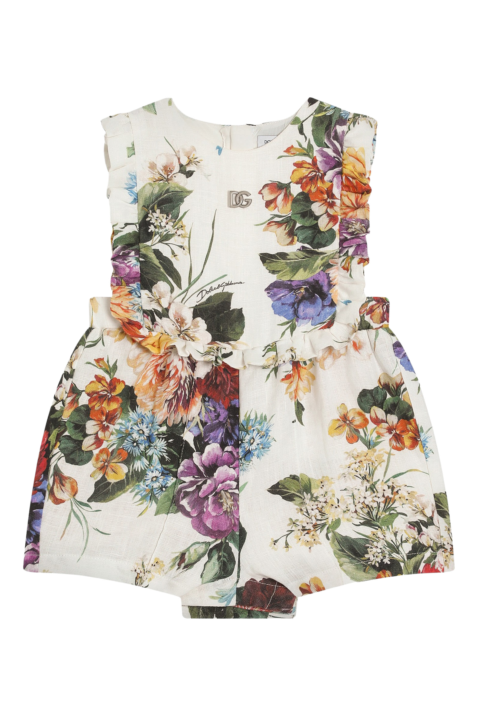 رومبر بأكمام قصيرة وطبعة زهور قماش قنب وكتان للأطفال