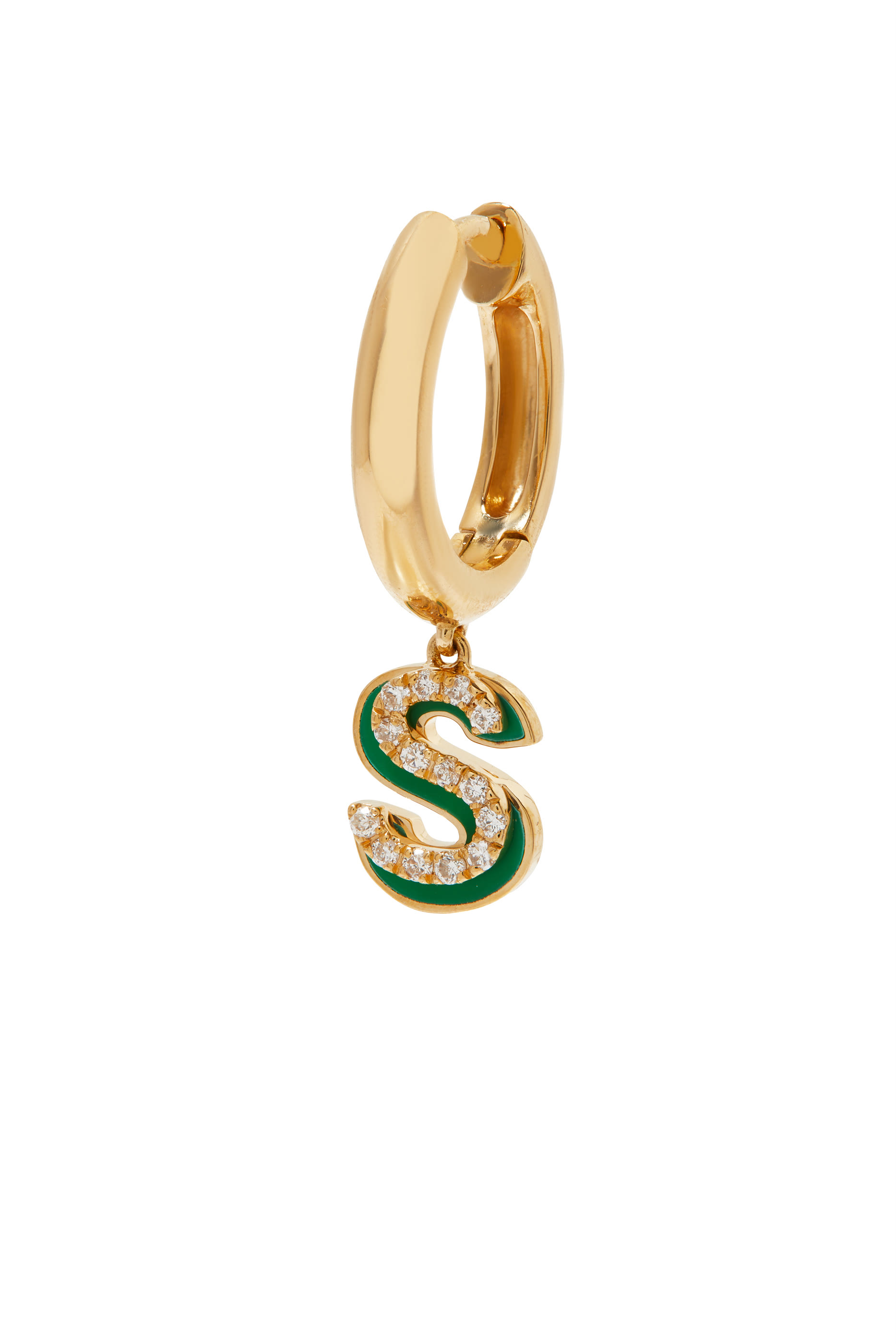 قرط هاجي بتصميم حرف S مرصع بالماس ذهب أصفر عيار 18