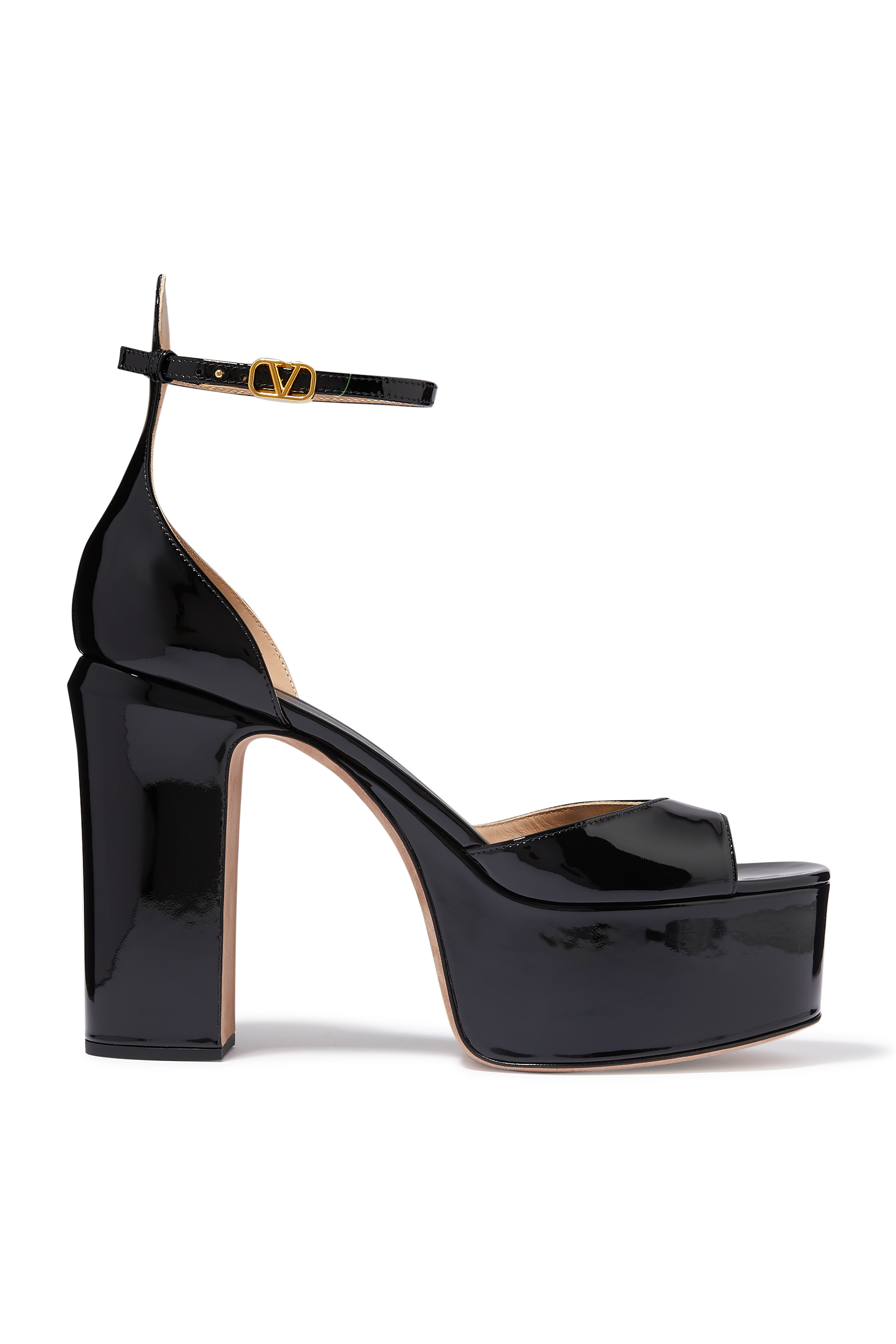 صندل فالنتينو جارافاني تان جو جلد لامع بنعل سميك وكعب عالي مقاس 120 مم