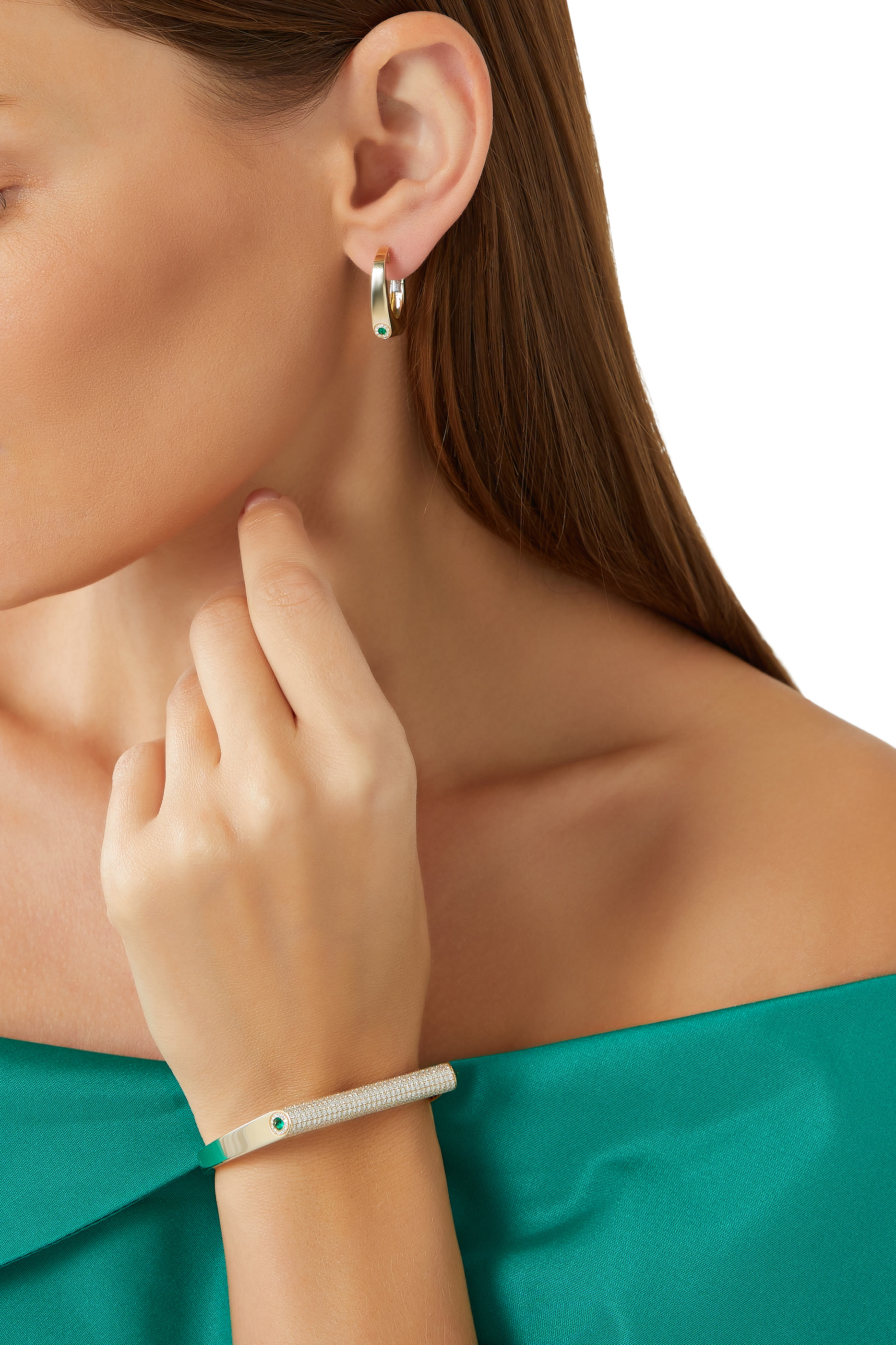 قرط واحد نانو غرايس مرصع بالماس والزمرد ذهب أصفر عيار 14