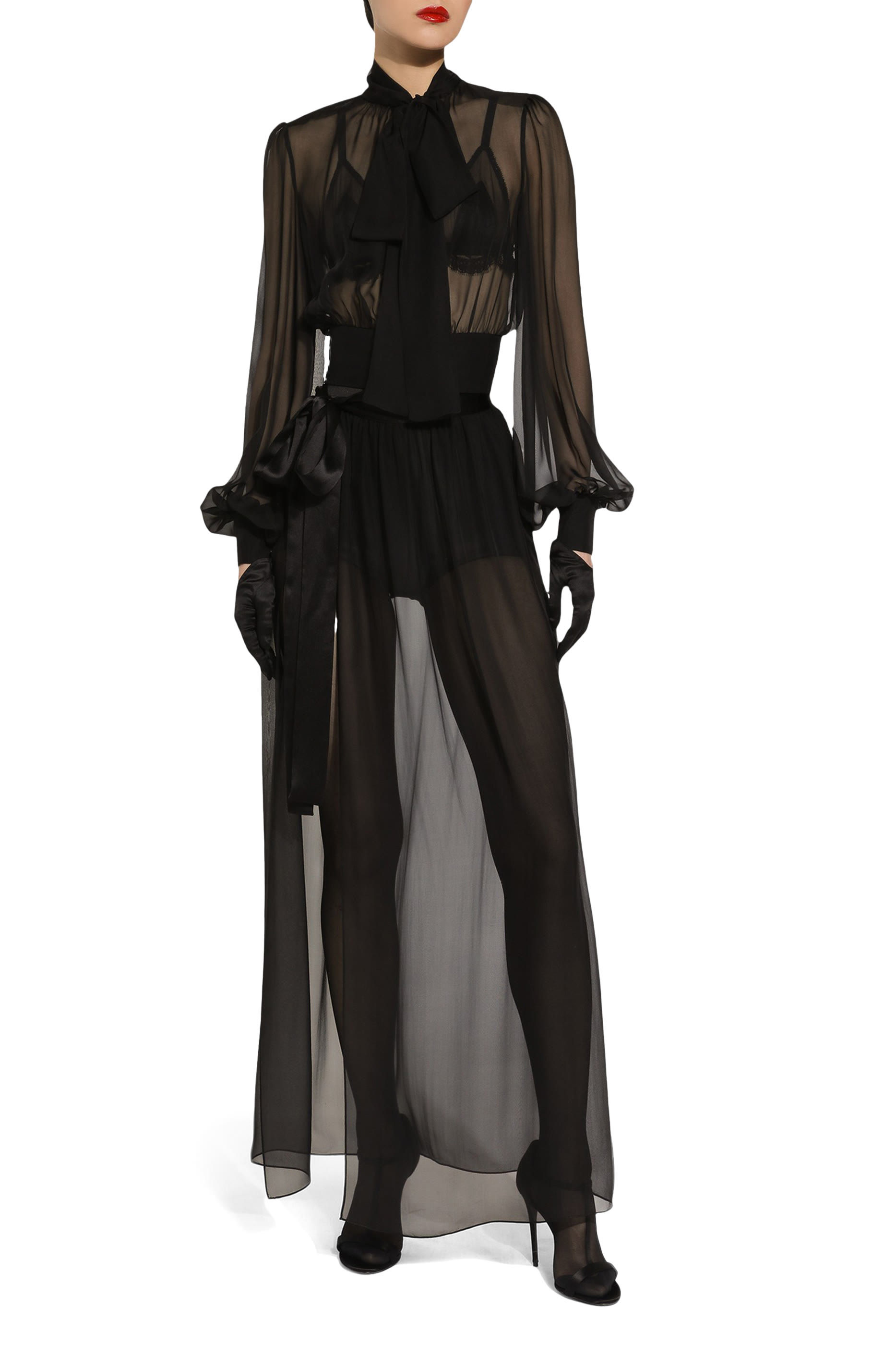 تنورة طويلة بحزام حرير شيفون