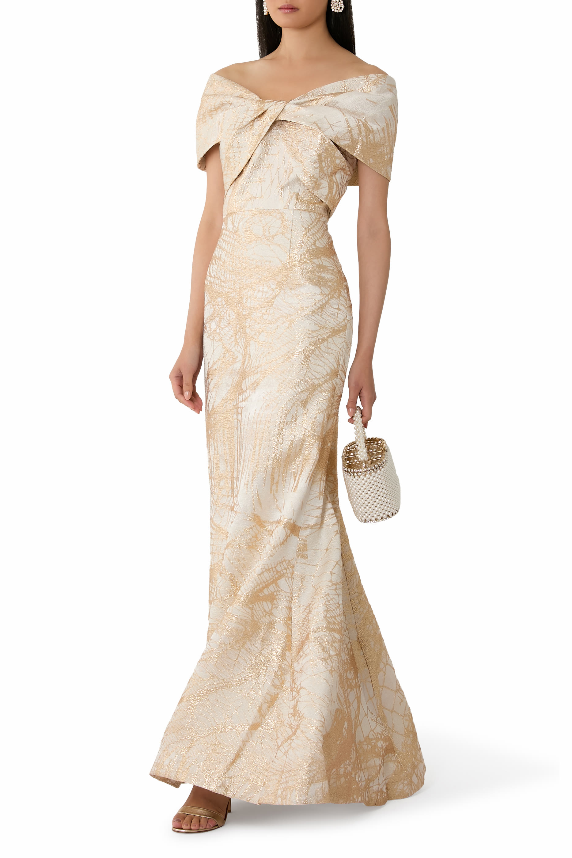 فستان سهرة ميرمايد بتصميم ملفوف جاكار لامع