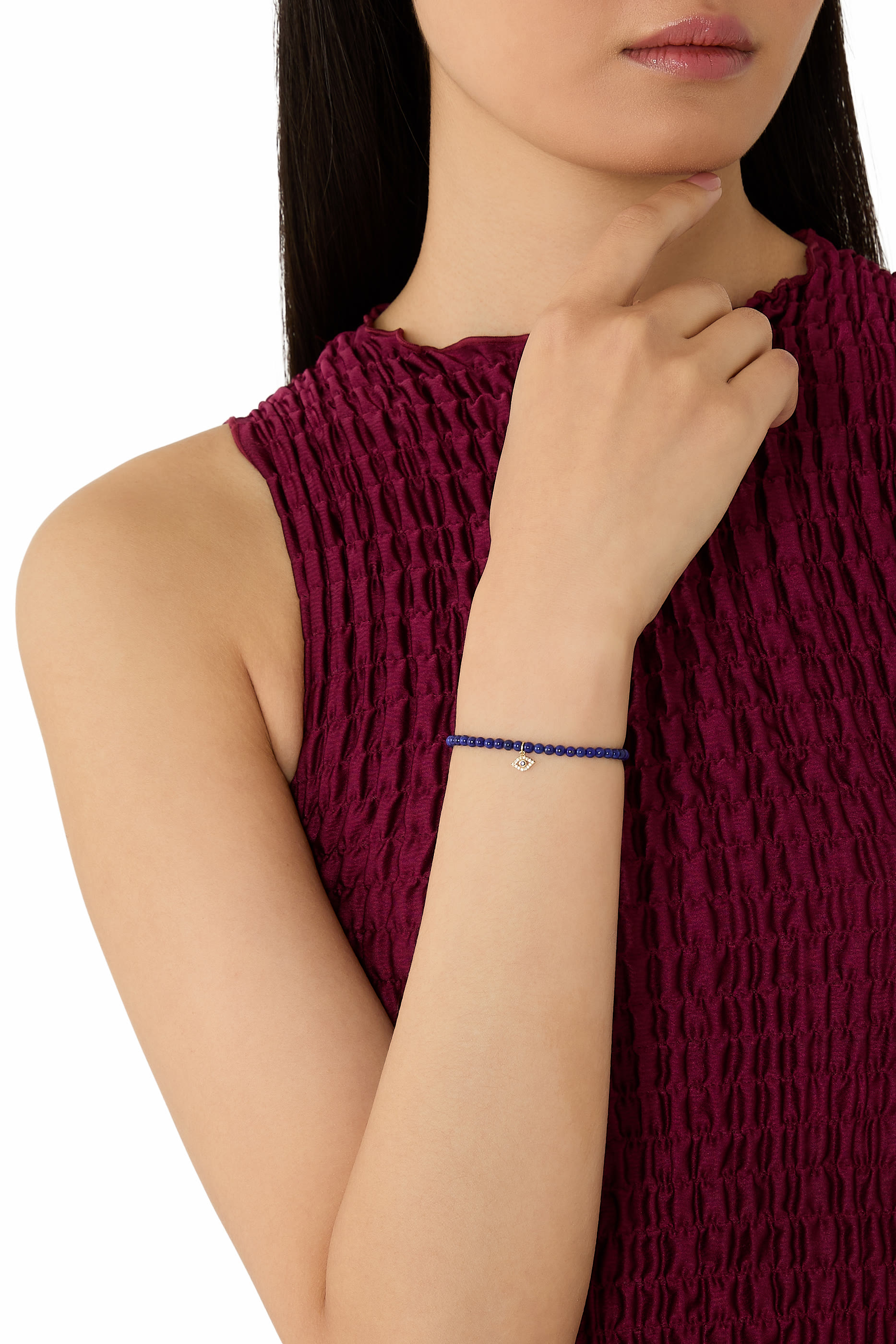 سوار خرز بحلية عين حسود مرصع بالماس ولازورد ذهب أصفر عيار 14