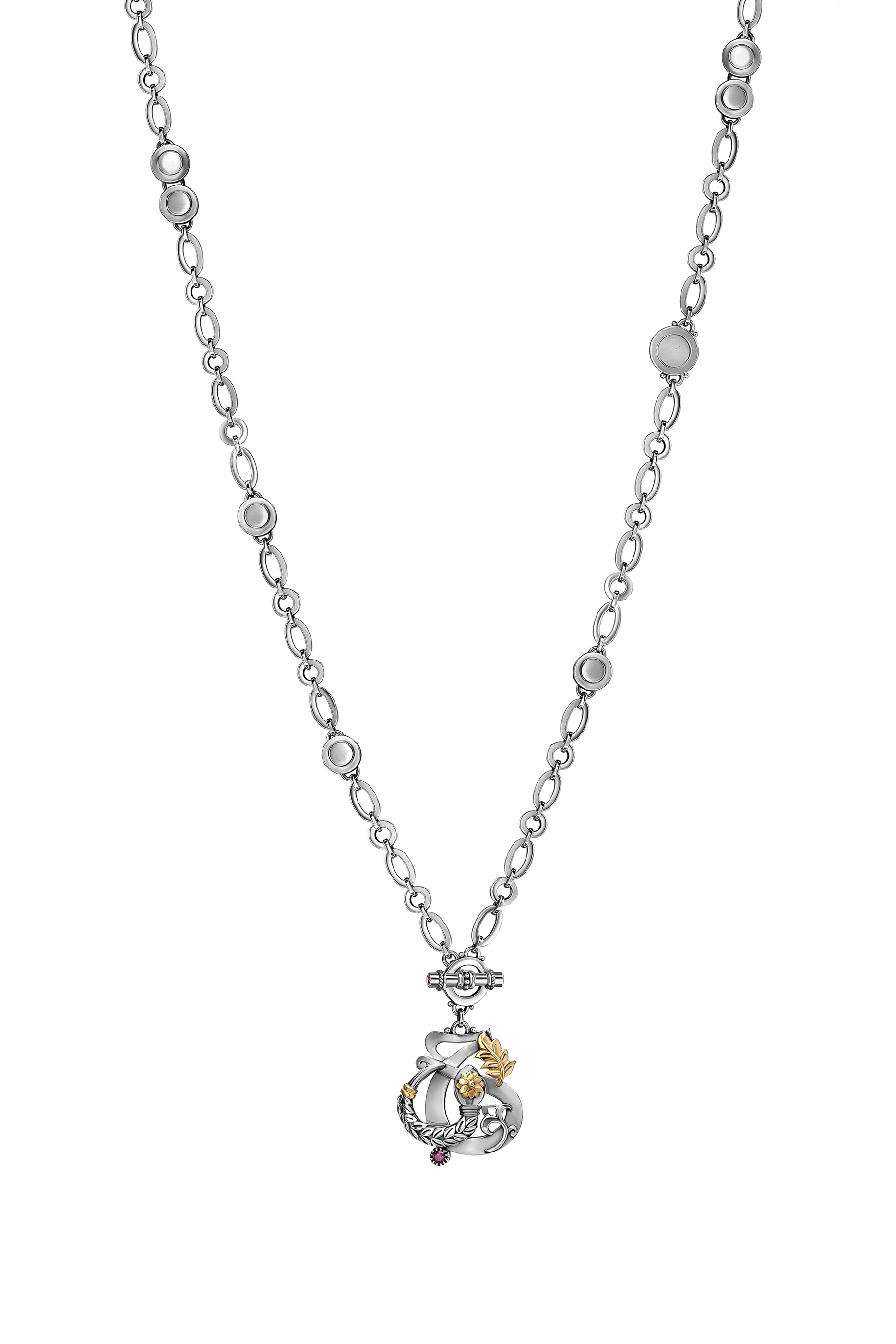 قلادة لوف اند ريبيرث متعددة الاستخدامات مرصعة بحجر الرودولايت، الغارنيت أو الفيروز، ذهب عيار 18، وفضة استرلينية.