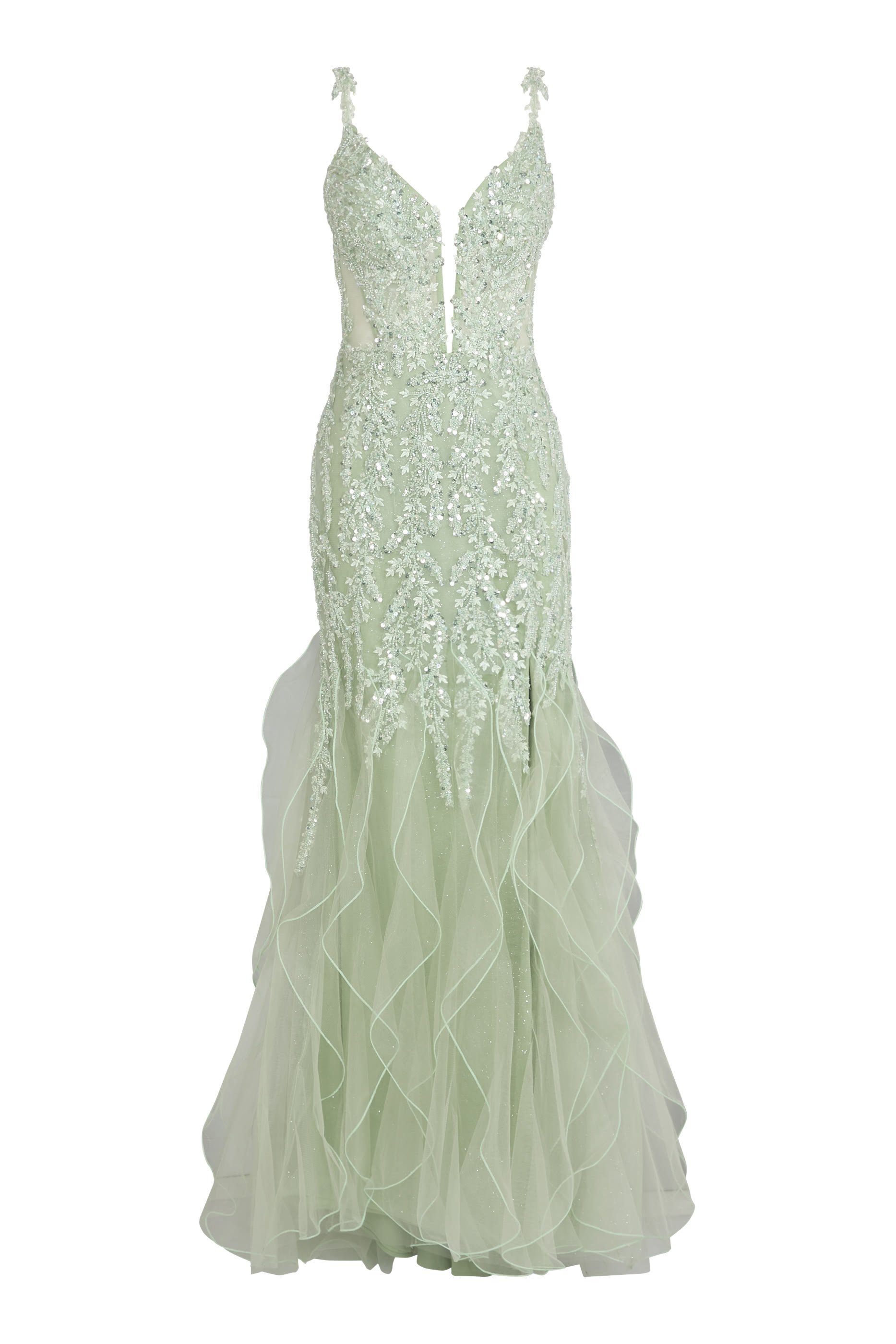 فستان سهرة بخرز وحافة بقصة ذيل حورية بحر