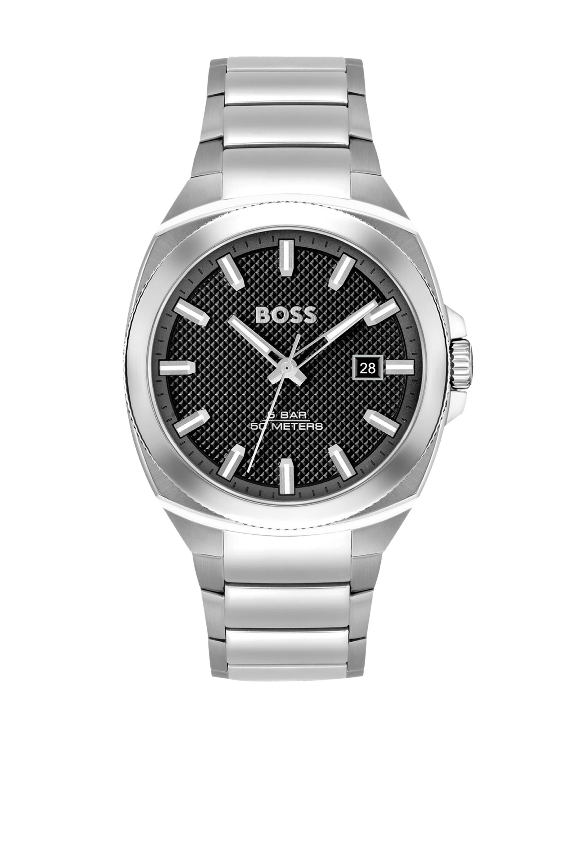 ساعة بسوار بحلقات ومينا أسود بنقشة غيلوشيه