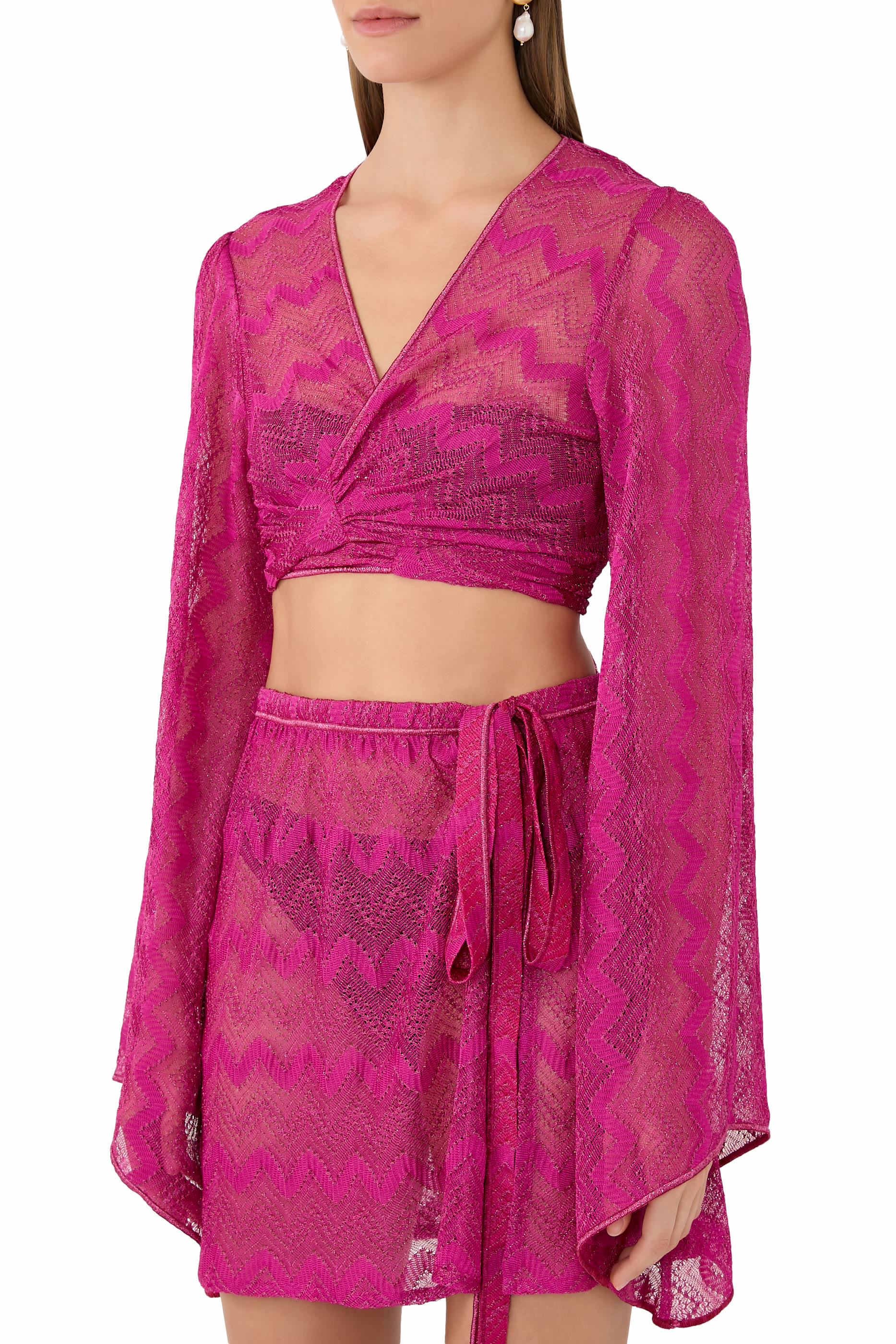 بلوزة قصيرة ماري بأكمام طويلة دانتيل بنقشة متعرجة راشيل