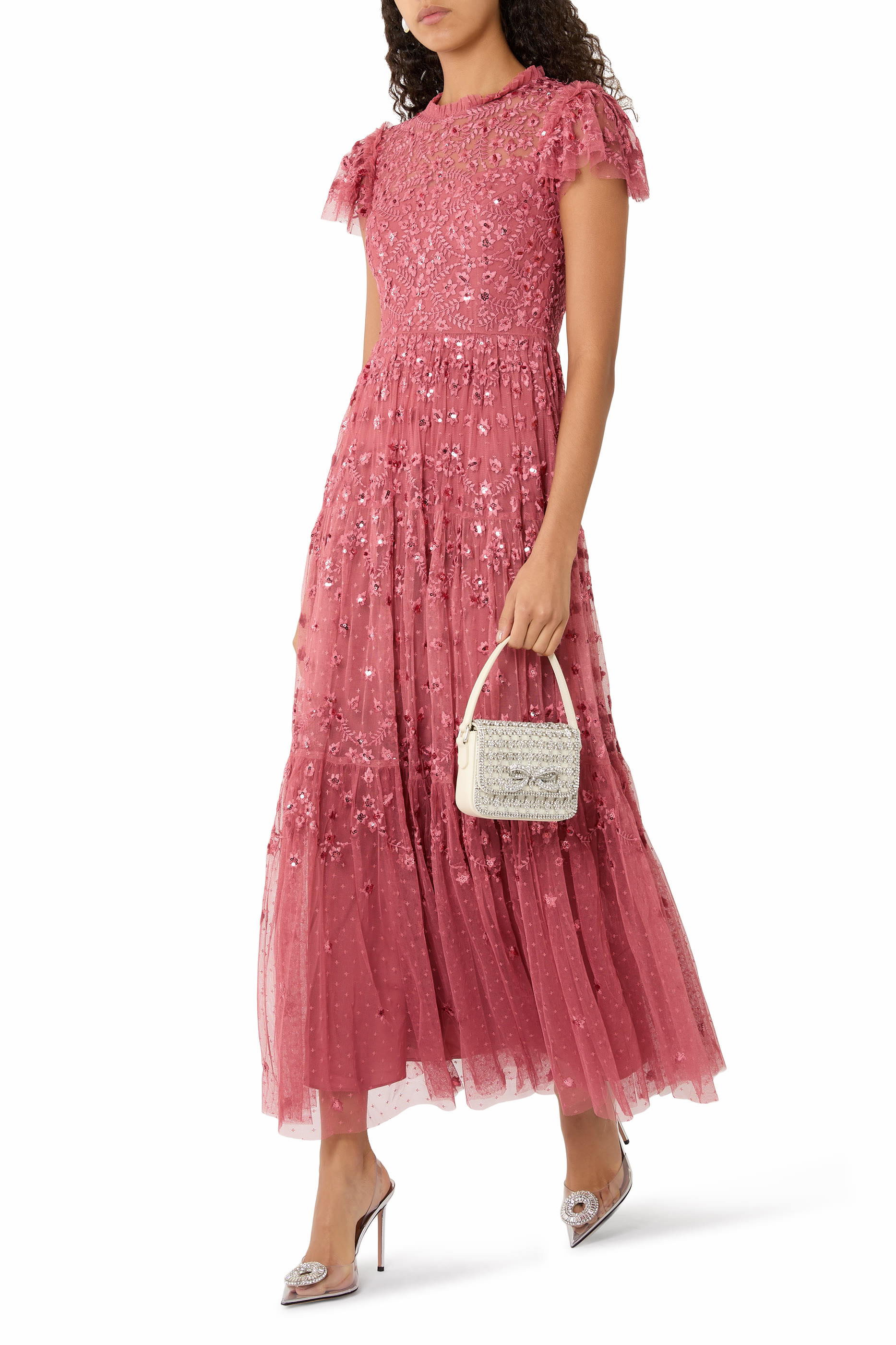 فستان سهرة كلوفر بأكمام قصيرة بطول الكاحل