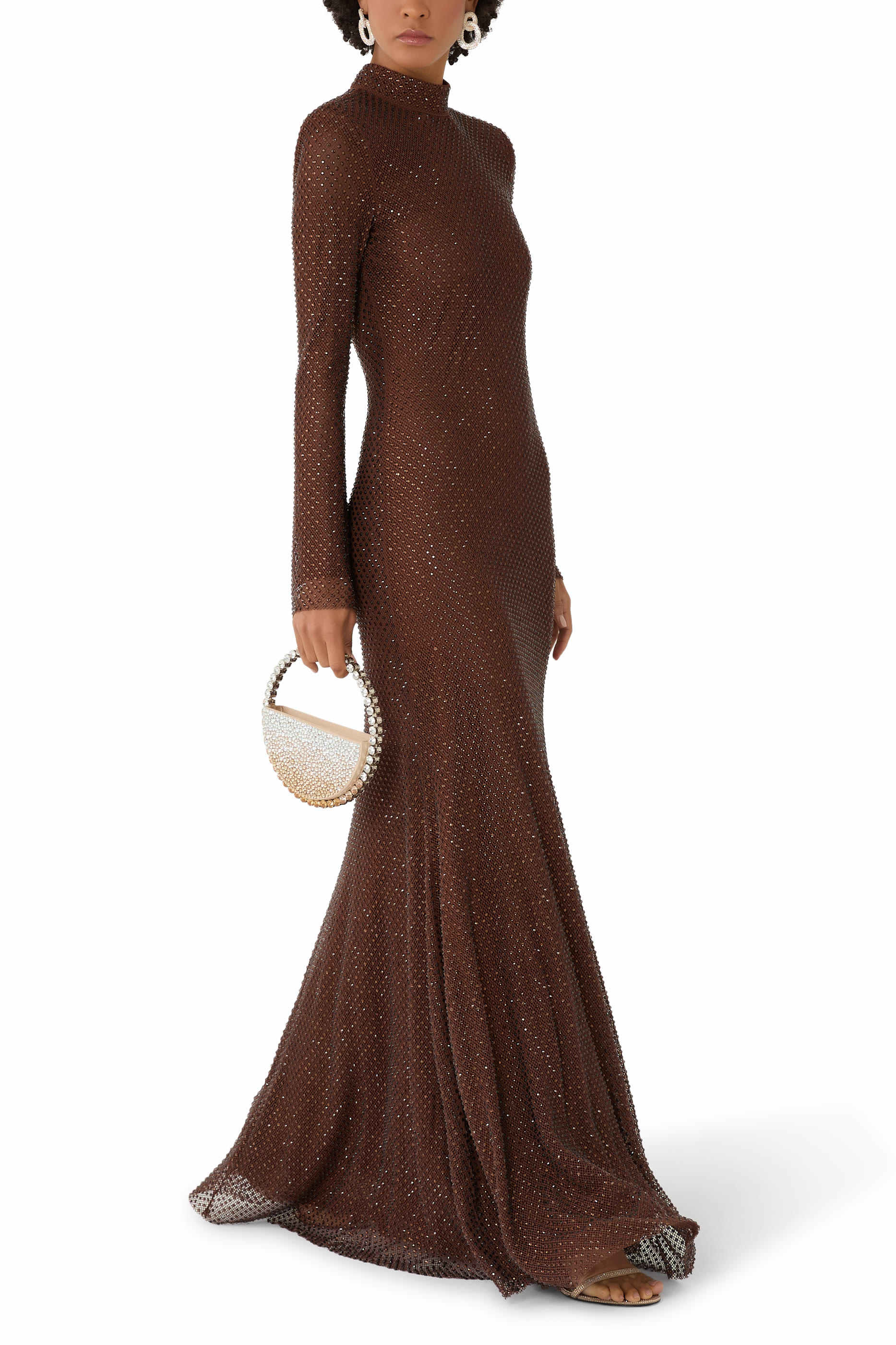 فستان طويل مرصع بأحجار الراين قماش شبكي