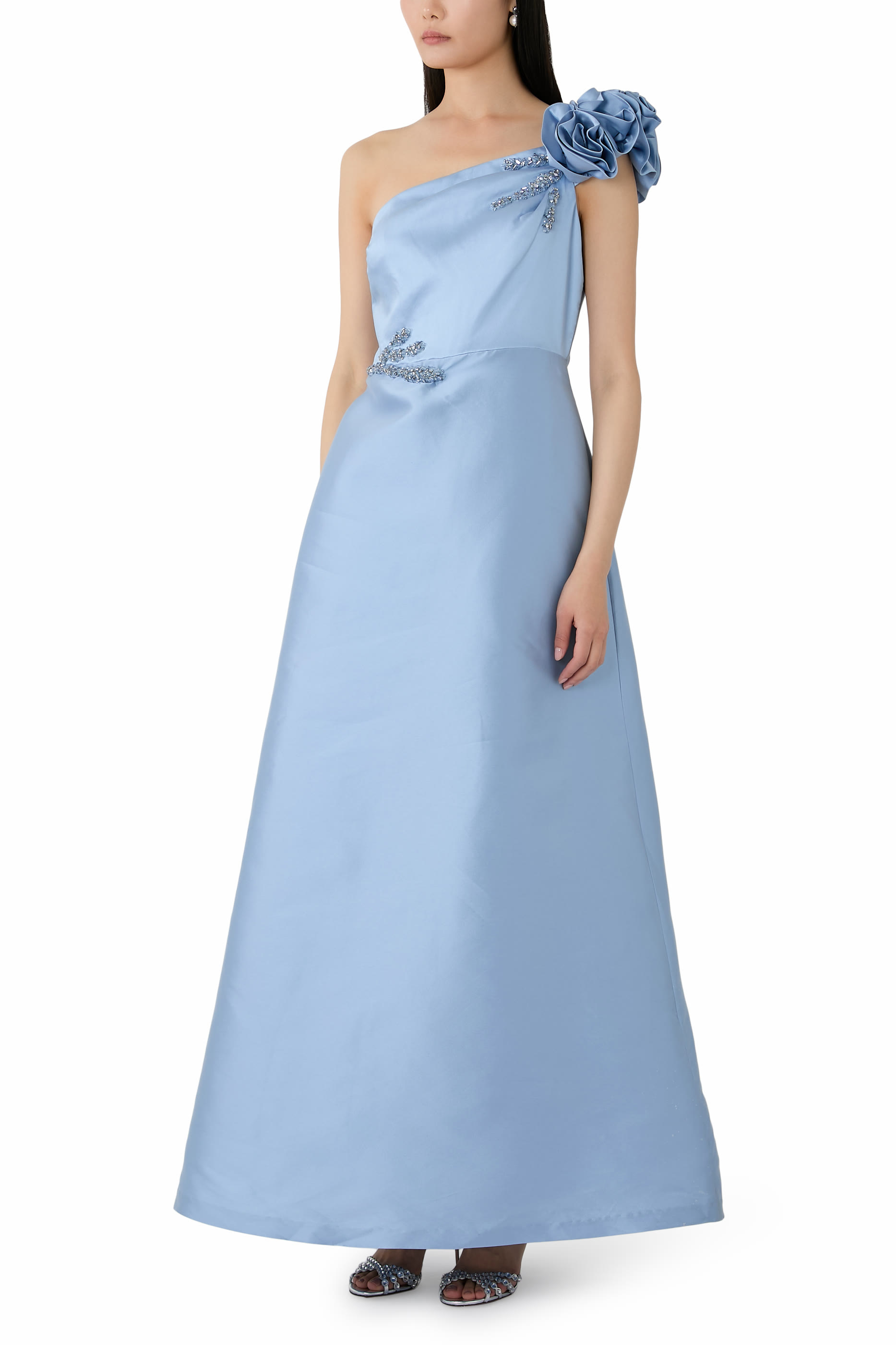  Mikado Flower One Shoulder Bead Appliqu&eacute; Gown