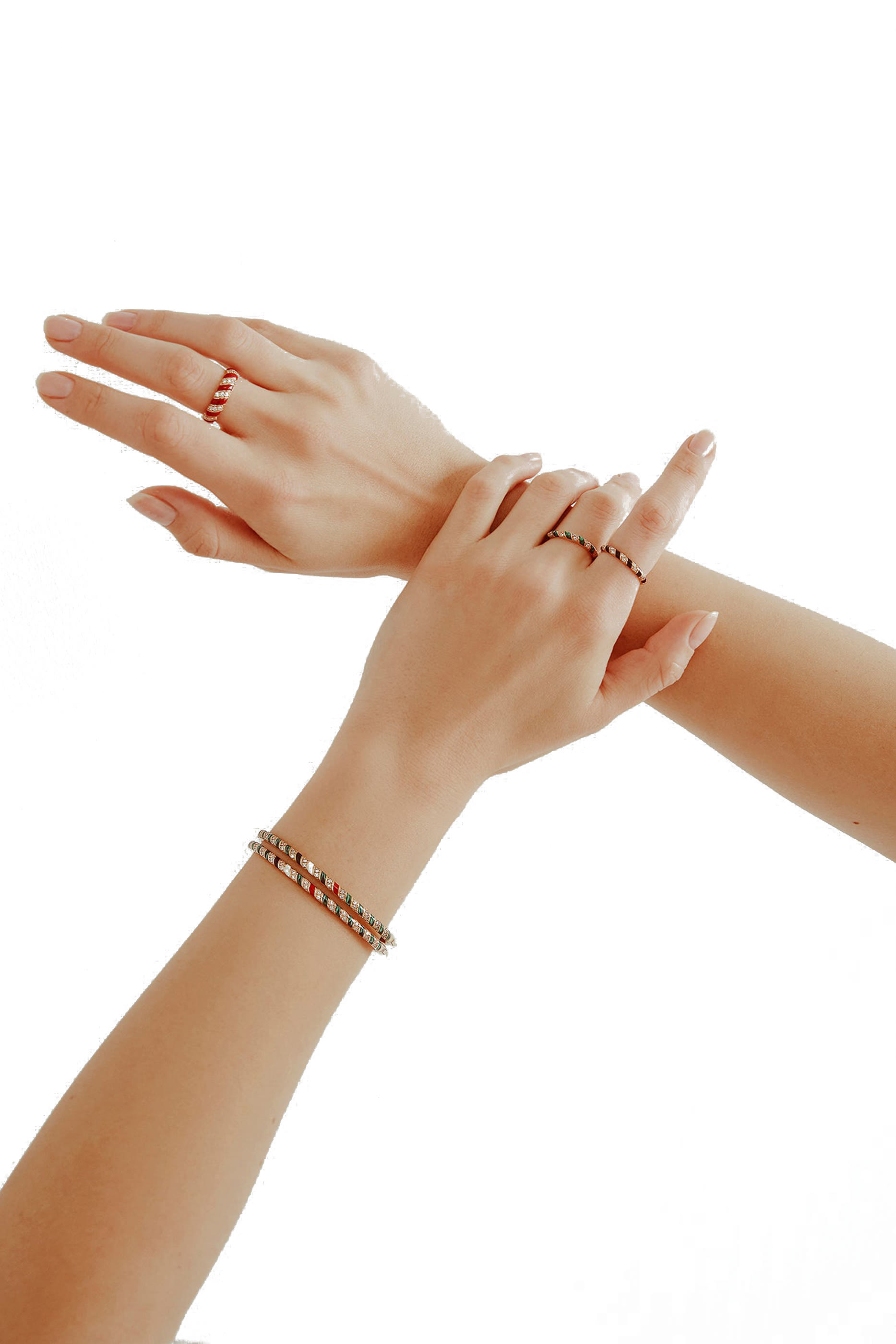 خاتم بتصميم لولبي مزين بمينا أخضر وماس ذهب وردي عيار 18