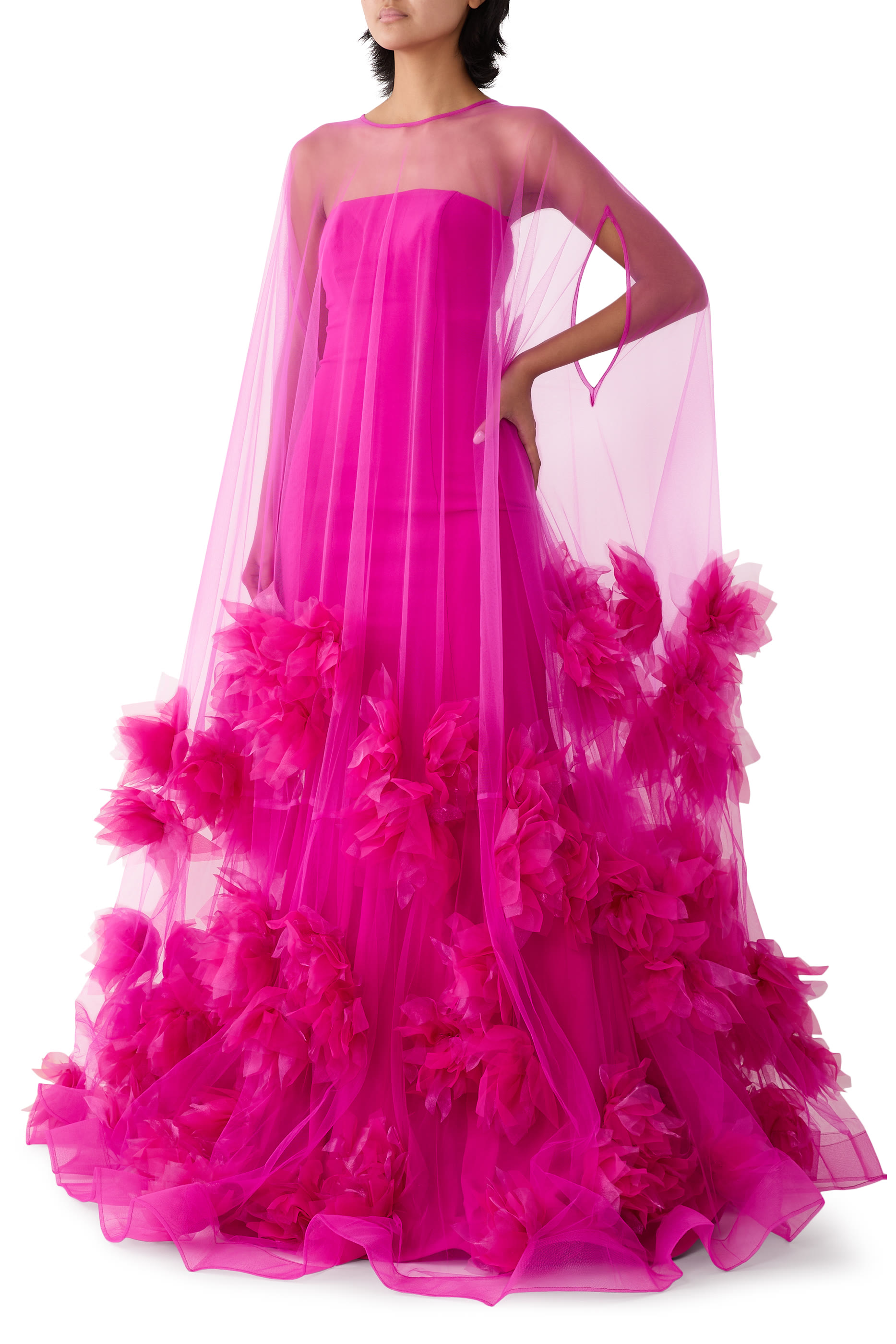 فستان سهرة بلا حمالات تول بزهور بملمس بارز