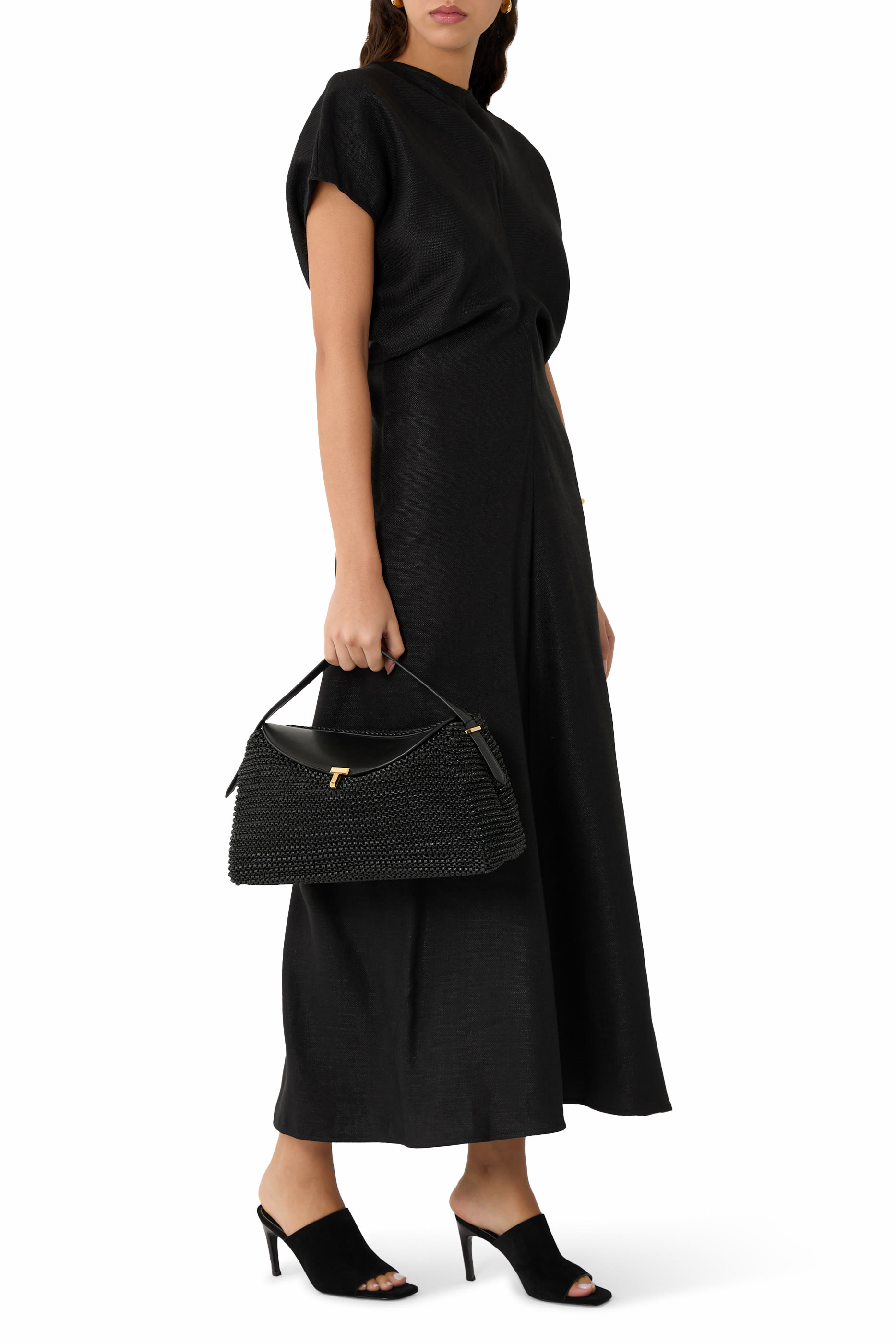 حقيبة يد بإغلاق على شكل حرف T جلد منسوج