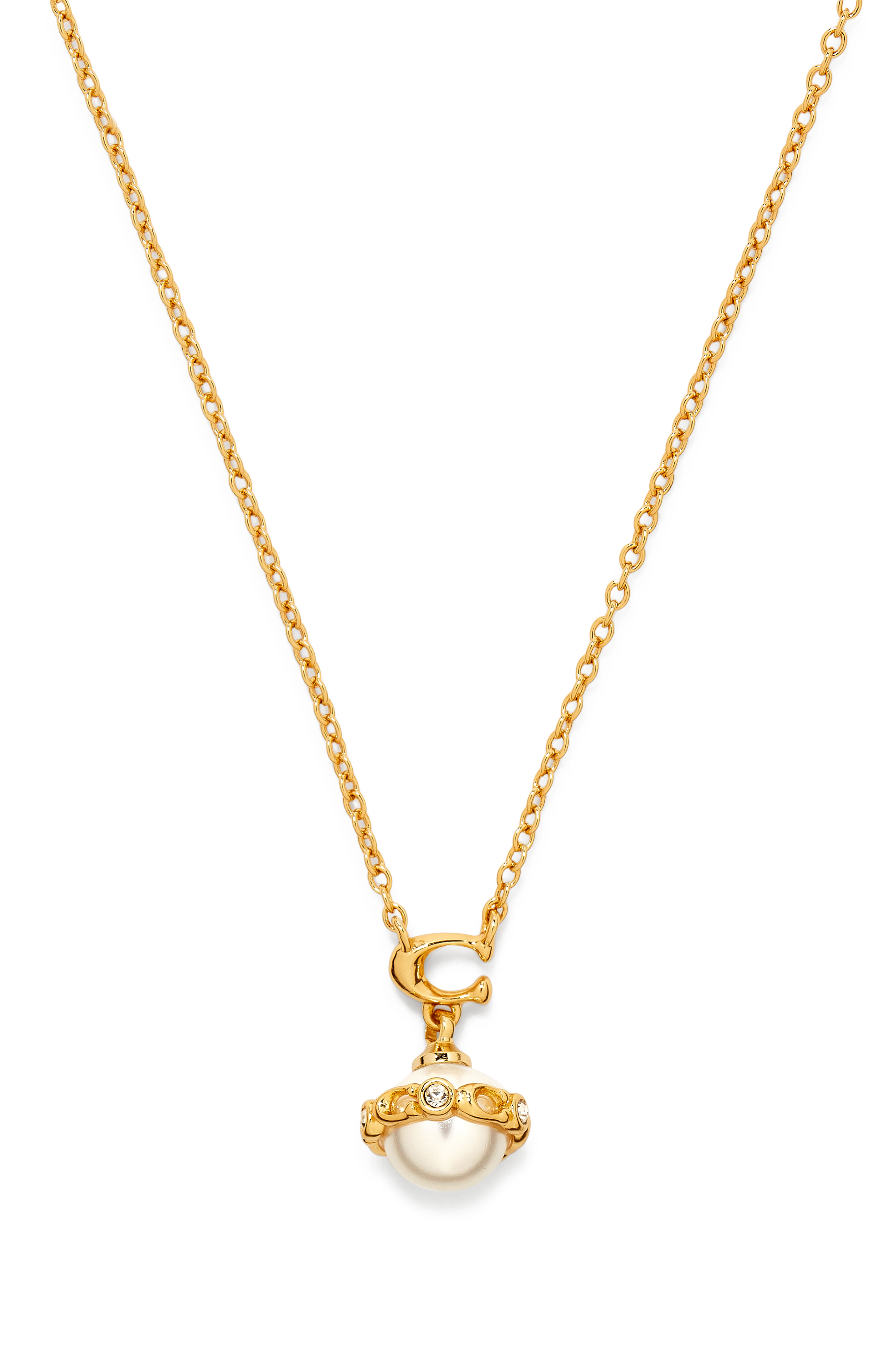 قلادة قصيرة بدلاية كروية مرصعة بلؤلؤ نحاس مطلي