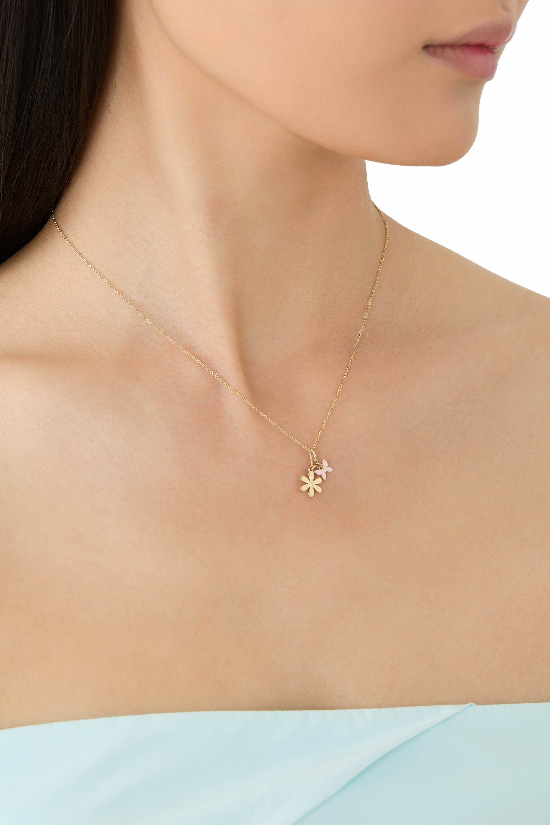 قلادة بدلاية بتصميم فراشة مزينة بالمينا، ذهب أصفر عيار 14