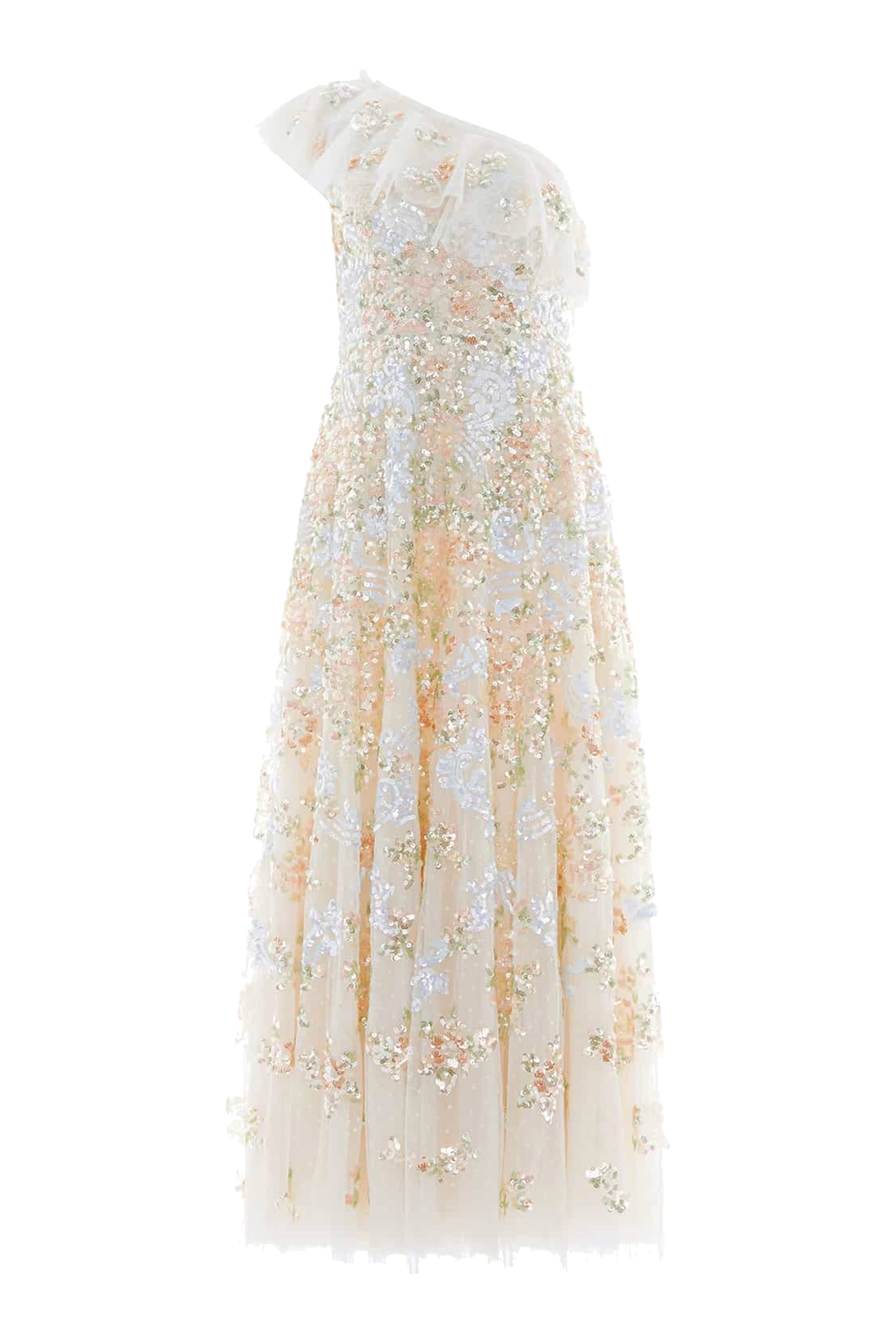 فستان سهرة بكتف مكشوف مزين بنقشة زهور باروكية