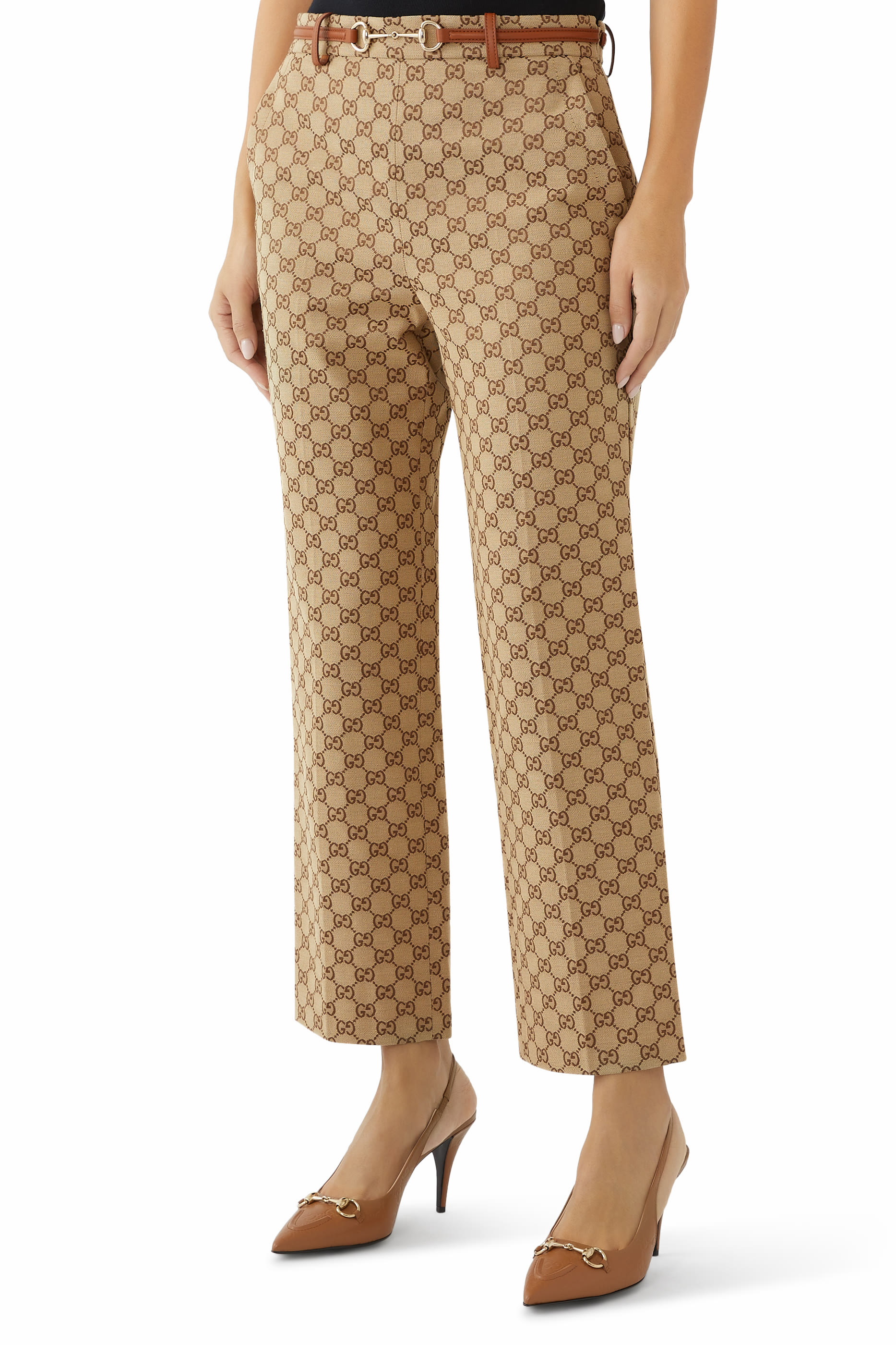 بنطال بنقشة حرفي شعار الماركة وحلية لجام حصان قماش قنب