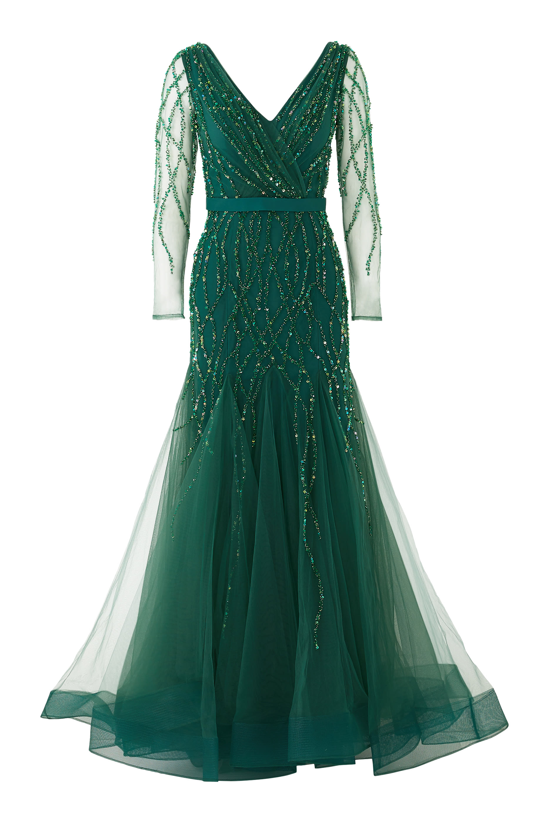 فستان سهرة بياقة V وأكمام طويلة