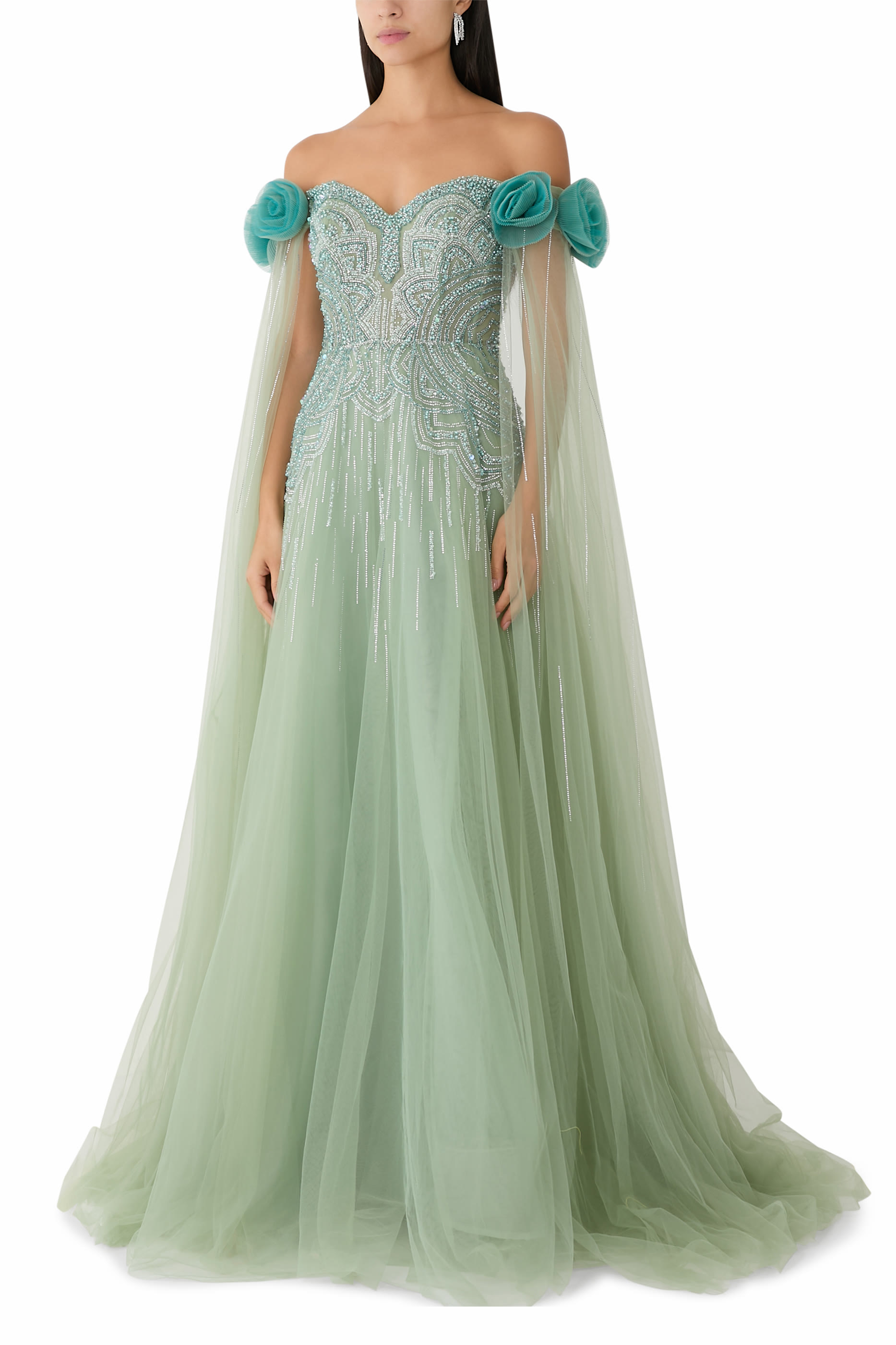 فستان تول مطرز بخرز