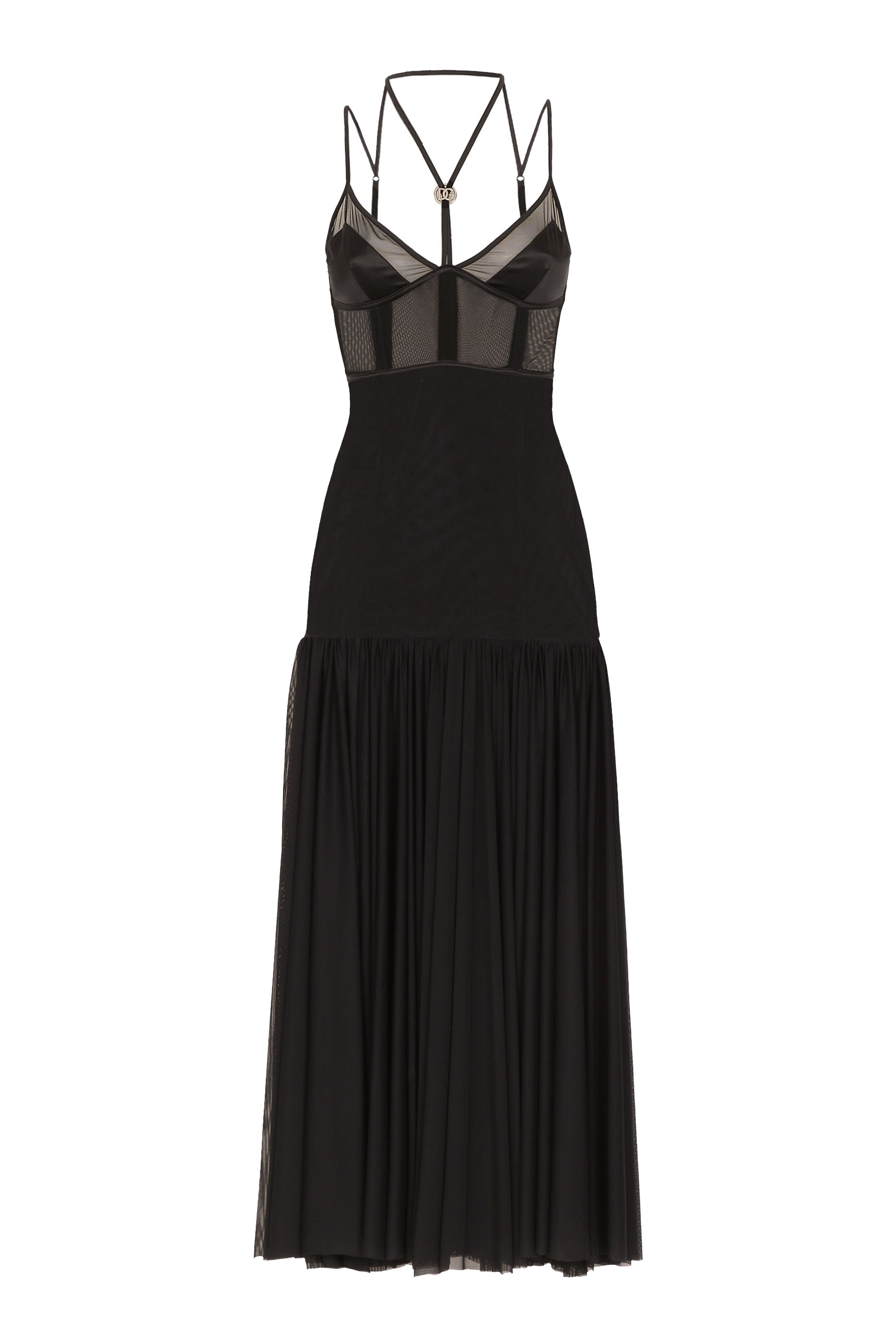 فستان متوسط الطول بشعار الماركة وجماليات الملابس الداخلية تول