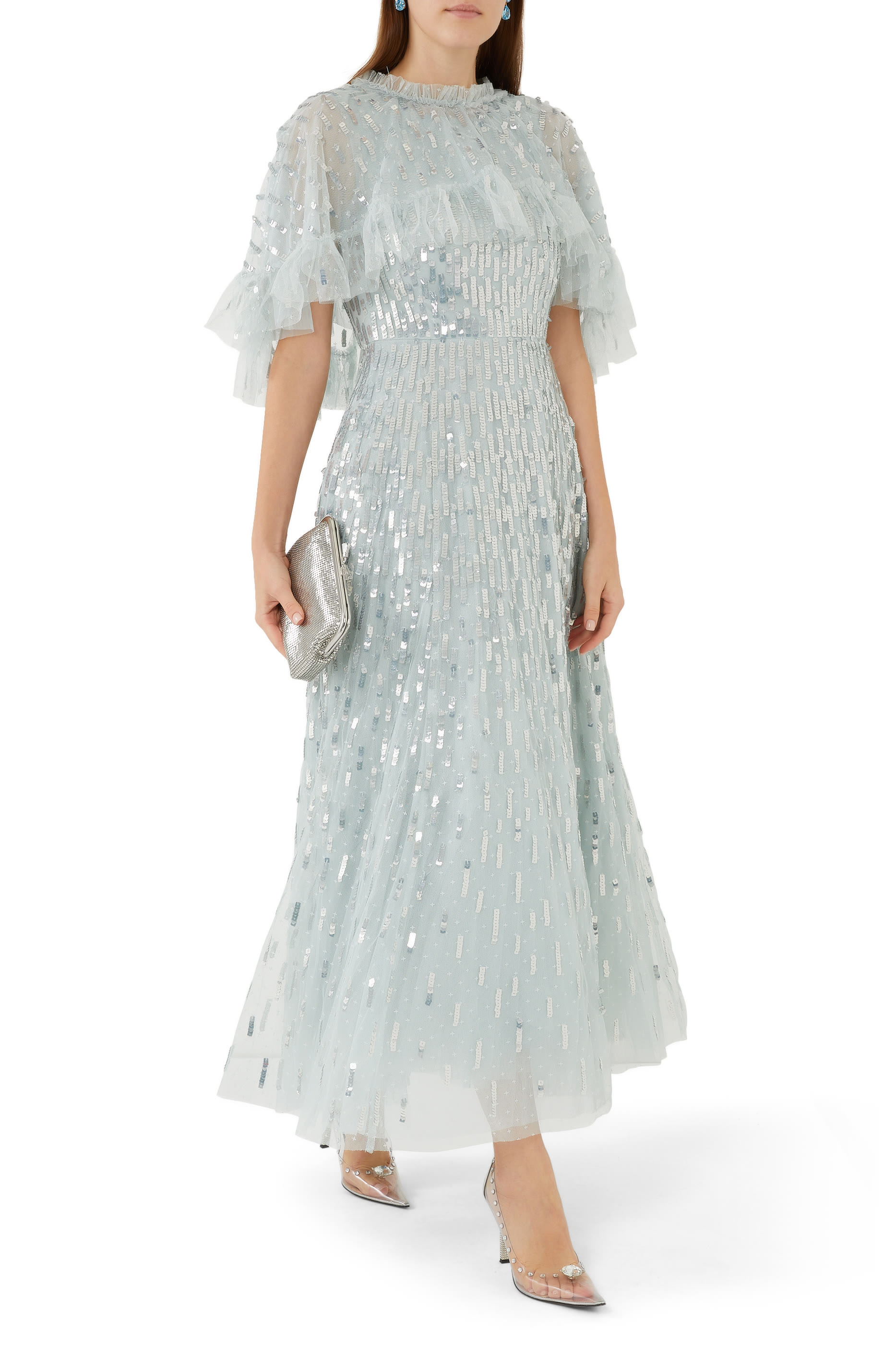 فستان سهرة داش بطول الكاحل بكاب مزين بالترتر