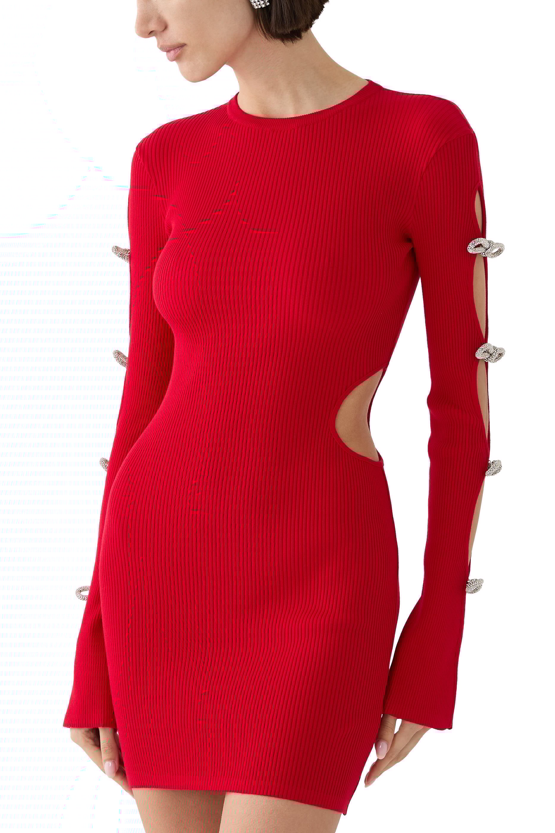 فستان قصير بأكمام مزينة بفتحات وربطات فيونكة