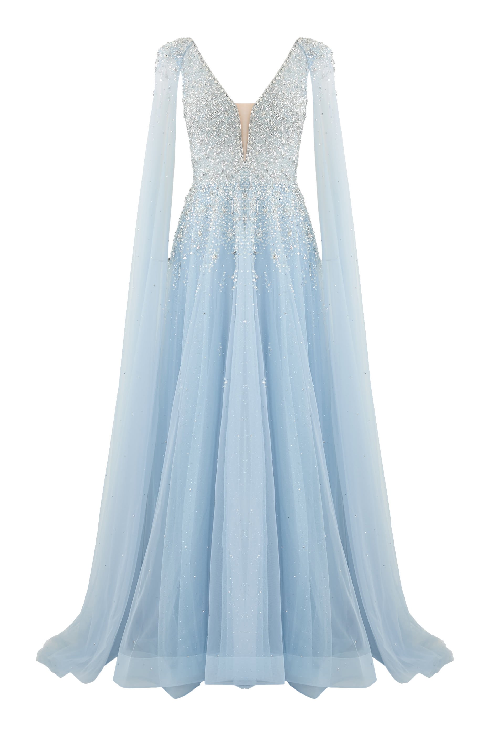 فستان سهرة بكاب وتطريزات بالترتر