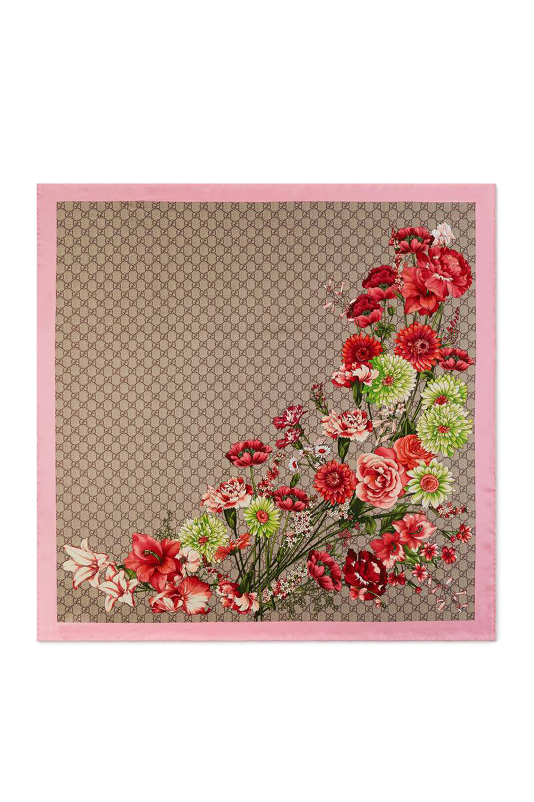 وشاح حرير بنقشة باقة زهور وشعار GG