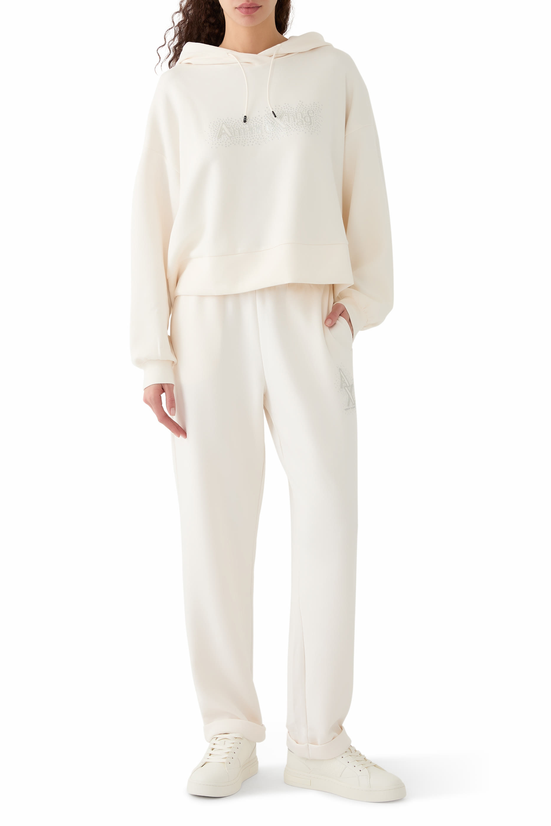 بنطال بشعار الماركة المرصع بأحجار الراين قماش متشابك