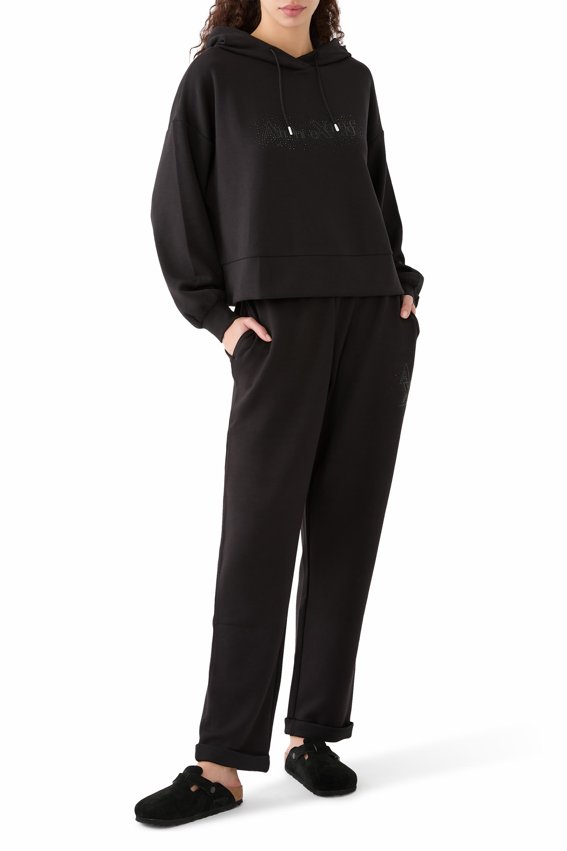 بنطال بشعار الماركة المرصع بأحجار الراين قماش متشابك