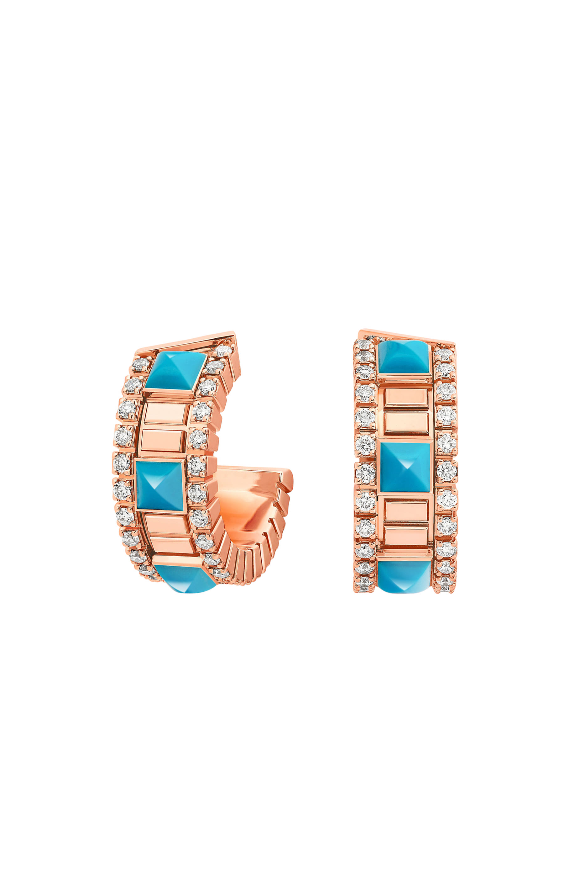 أقراط لايف صغيرة دائرية مرصعة بماس وفيروز، ذهب وردي عيار 18