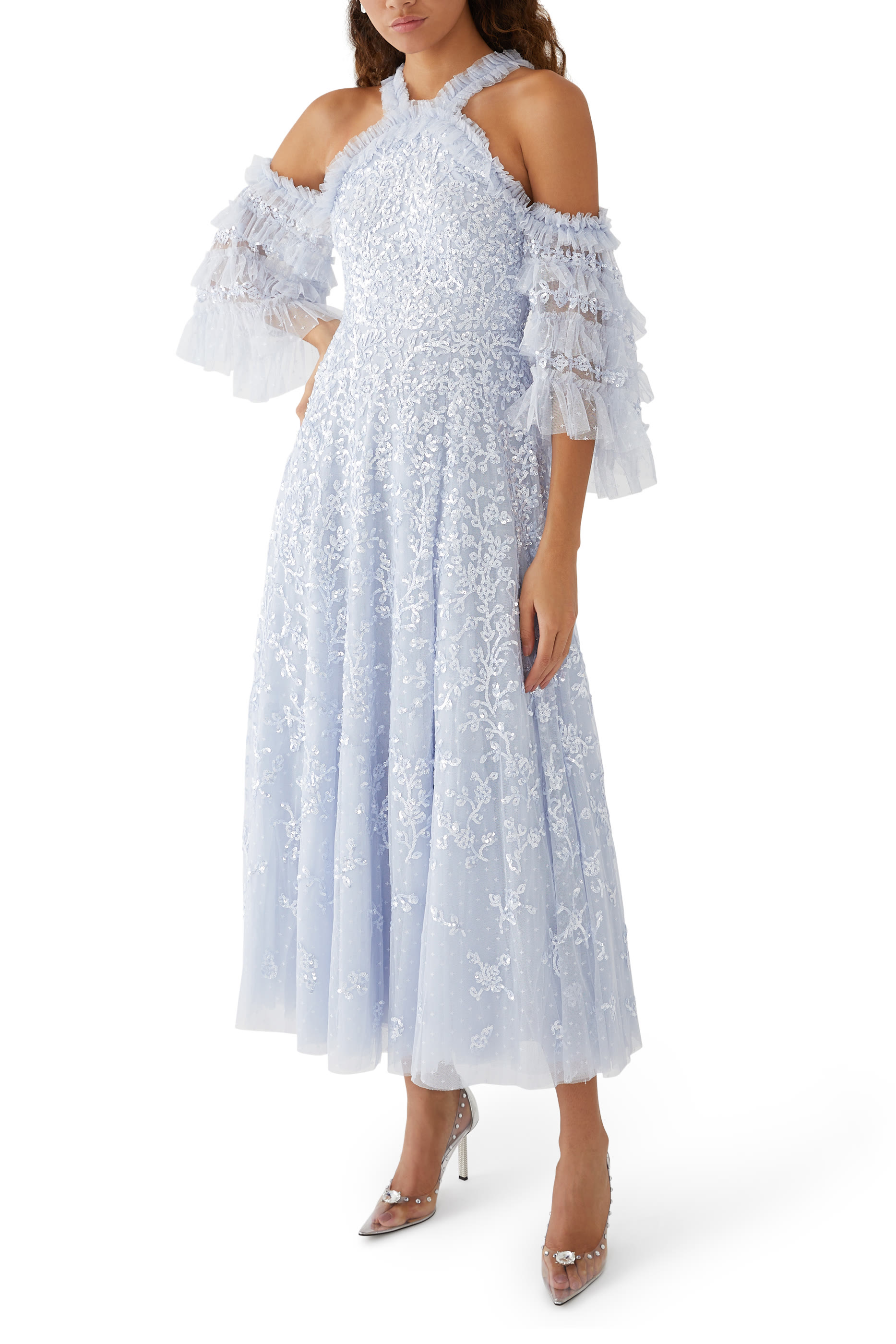 فستان سهرة فلورال بأكتاف مكشوفة دانتيل