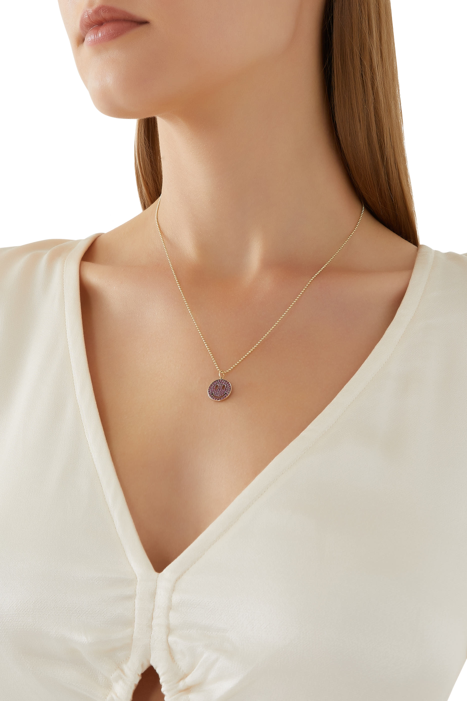 قلادة بدلاية متوسطة بتصميم وجه مبتسم مرصعة بالياقوت ذهب أصفر عيار 14