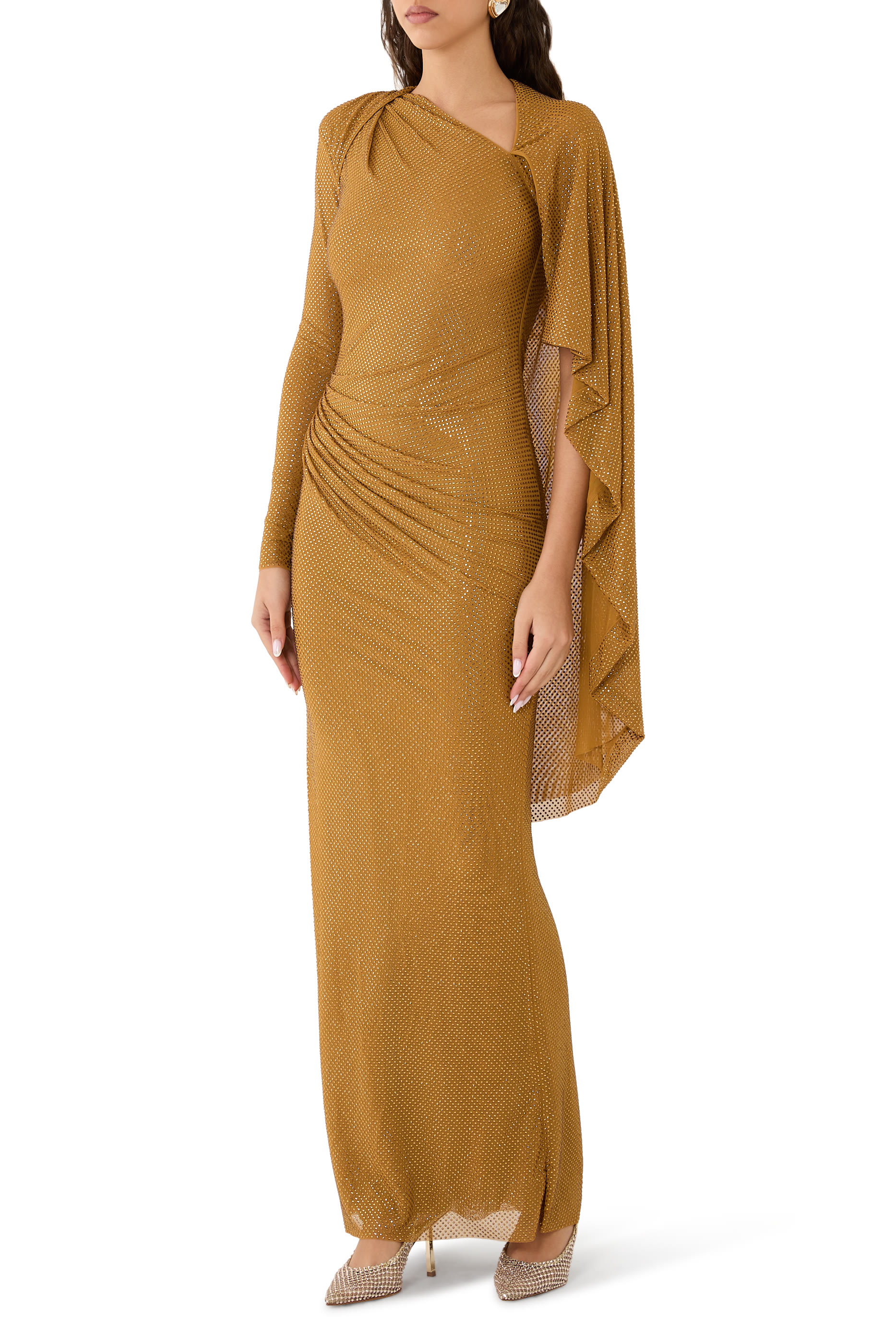 فستان طويل درابيه مرصع بأحجار الراين