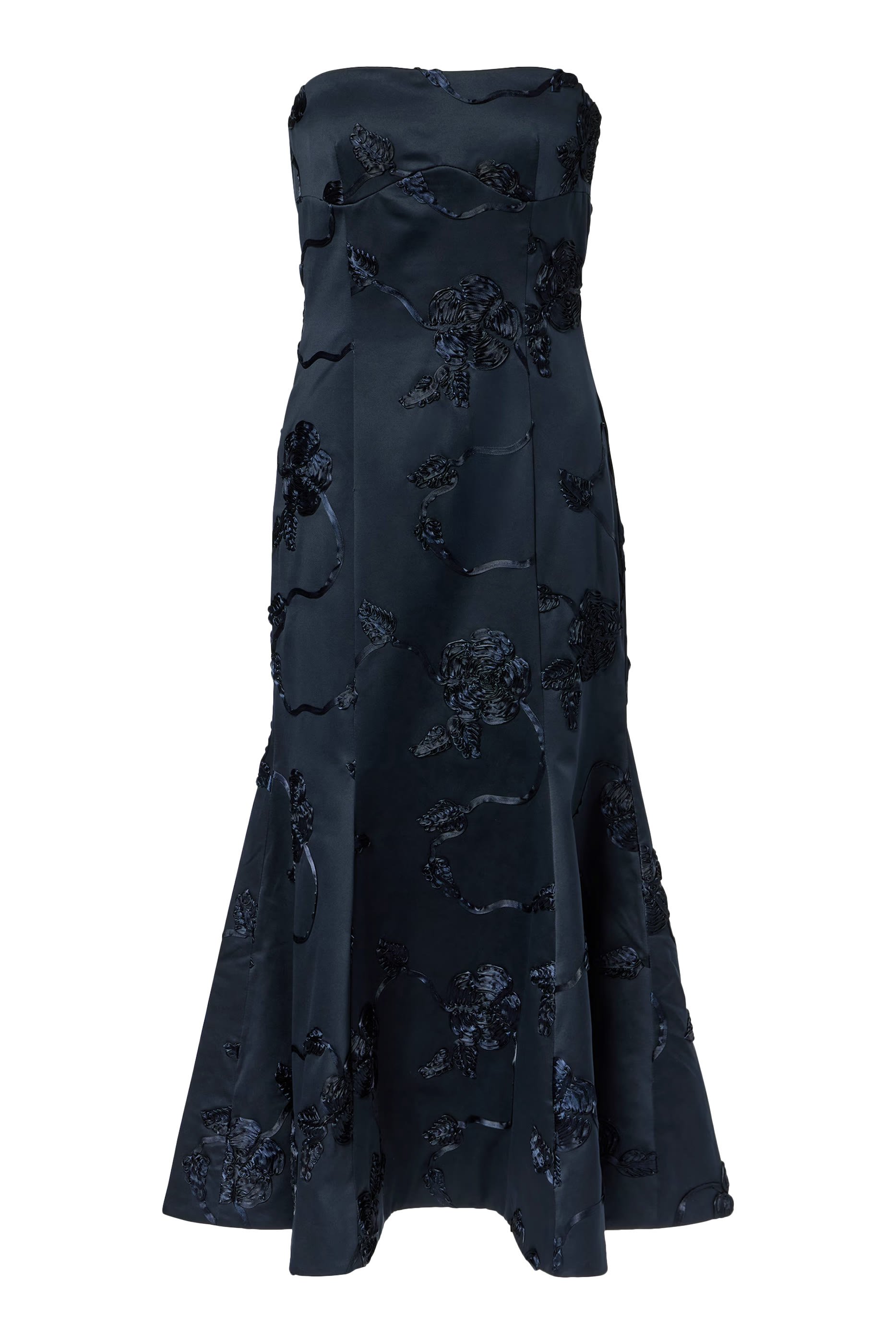 فستان بلا حمالات متوسط الطول مزين بزهور