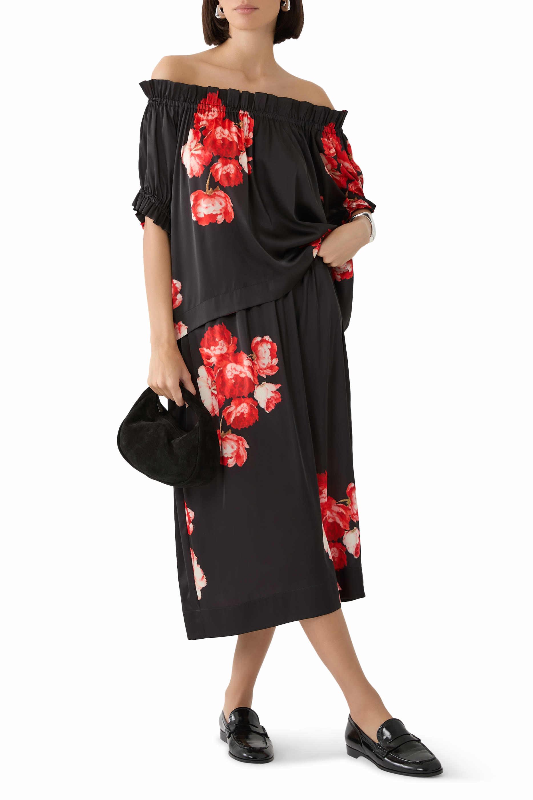 تنورة بخصر مكشكش ونقشة زهور توليب