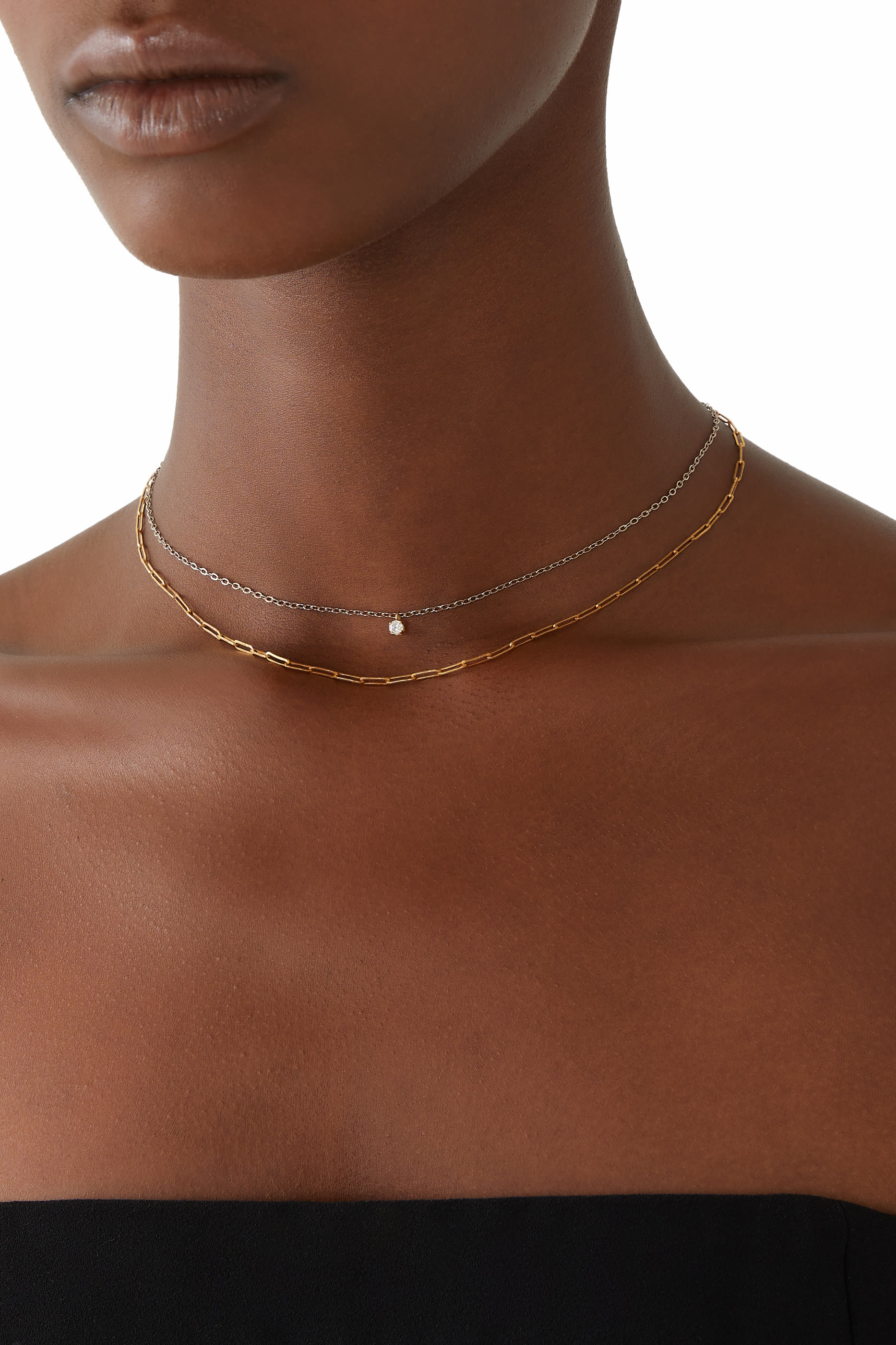 قلادة كوليه دوبل سولتير مرصعة بالماس، ذهب أصفر عيار 18