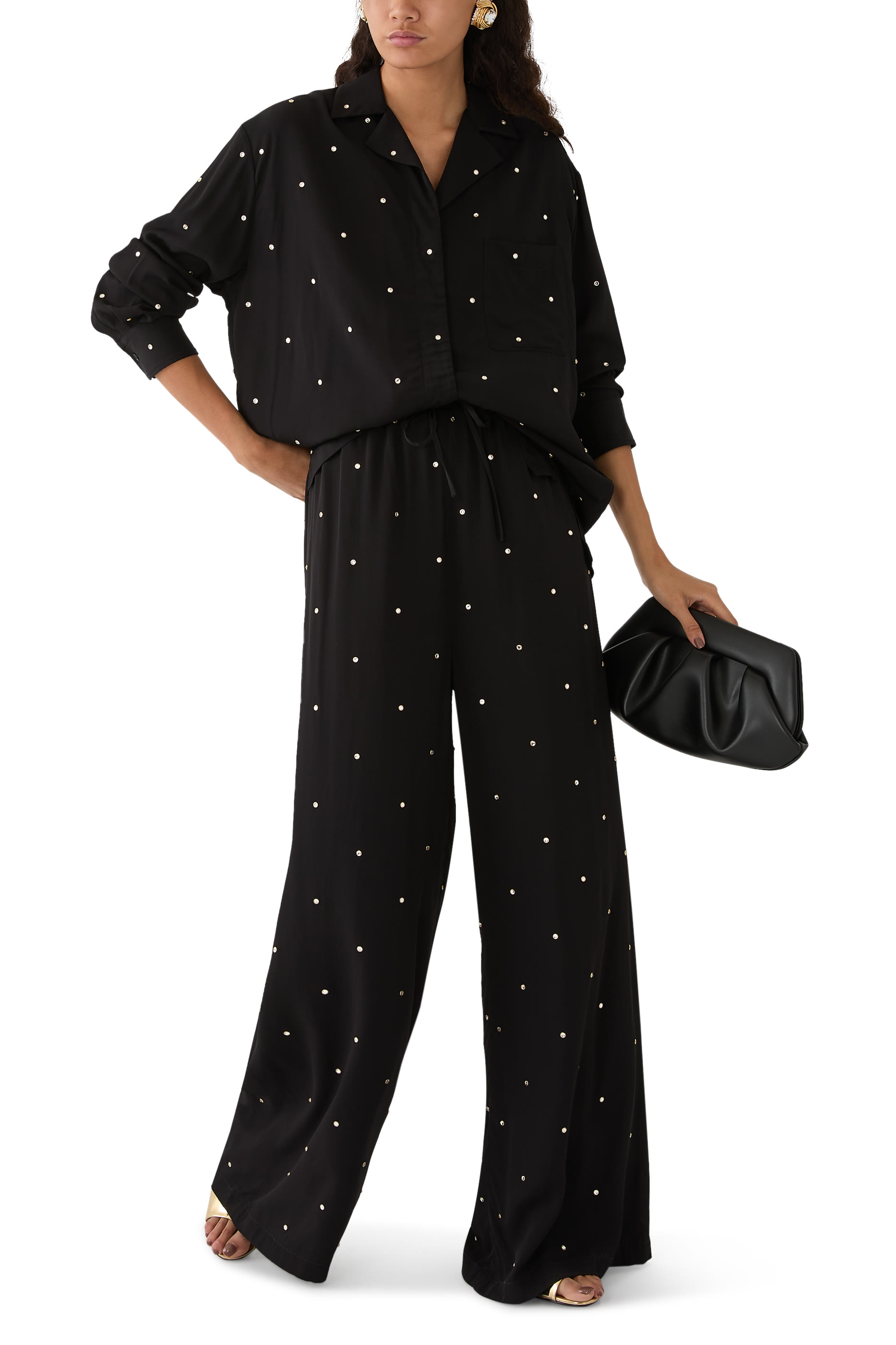 بنطال بقصة ساق واسعة بخصر مرتفع مرصع بالكريستال خالٍ من الرصاص